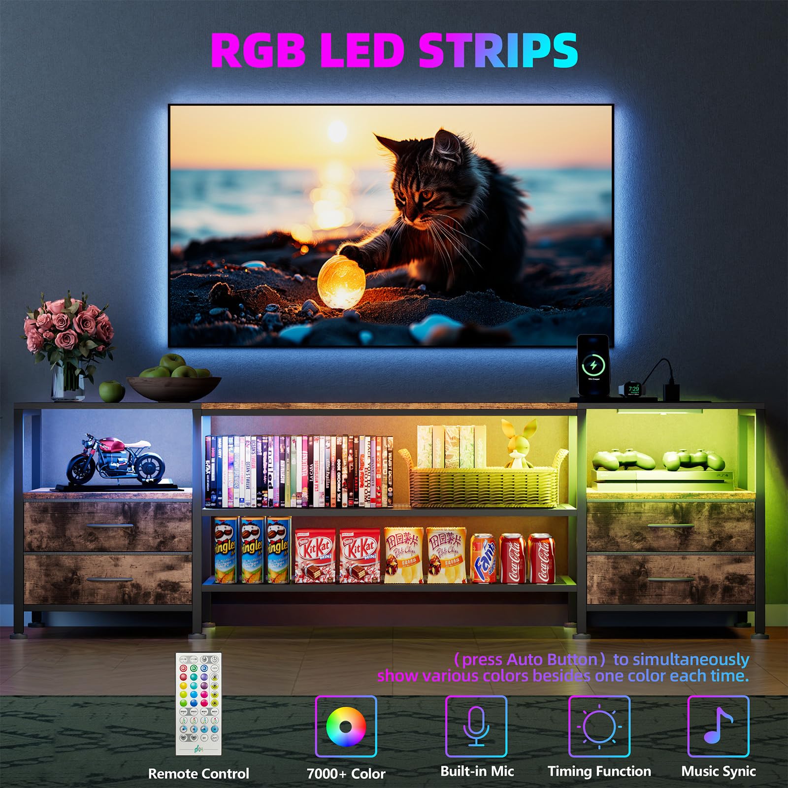 Meuble TV pour TV Jusqu’à 70 Pouces, Meuble TV avec Prises de Courant et Ports USB, avec 4 tiroirs, éclairage LED RVB à Couleur réglable, pour Salon ou Chambre à Coucher (Bois)