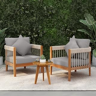 Geelife 3 Pcs Acacia Wood Outdoor Club Chair with Handwoven Rope Accents - Water-Resistant Boho Patio Lounge Chair with Removable Cushions for Porch Garden