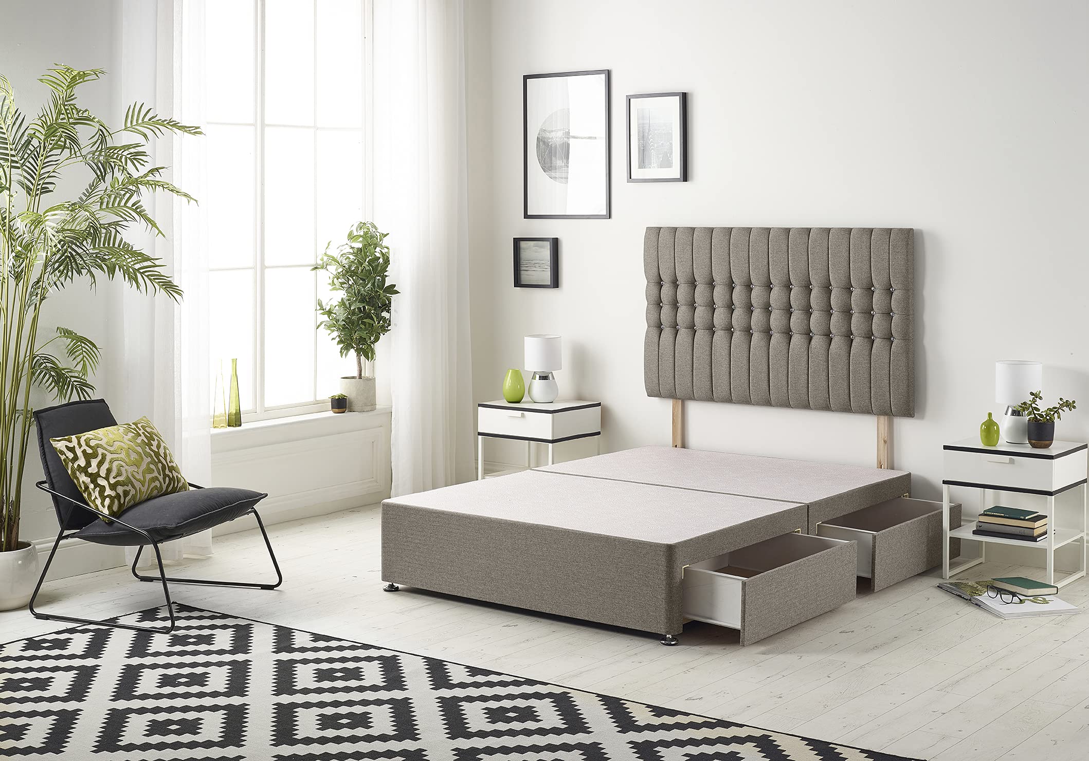Bed Centre Galaxy Divan Base with 2 Drawers (Same Side) and Matching Headboard, Fabrics and Colours (3FT Single, Tweed Coffee)