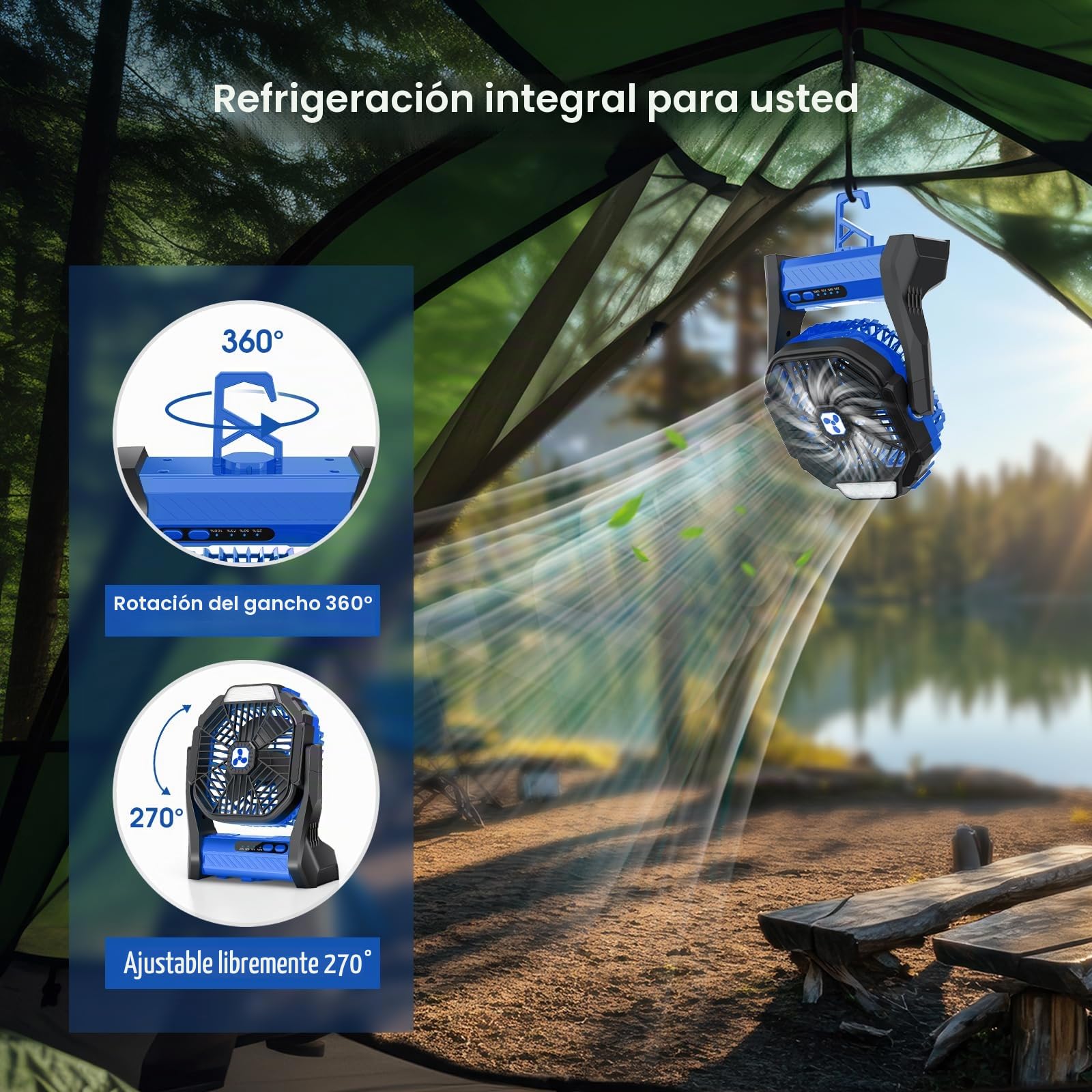 Ventilador a Pilas 20000 mAh inalámbrico, Recargable, Ventilador portátil con Linterna LED, Ventilador de Mesa, batería USB-C, Ventilador de Camping para Viajes, Playa Azul