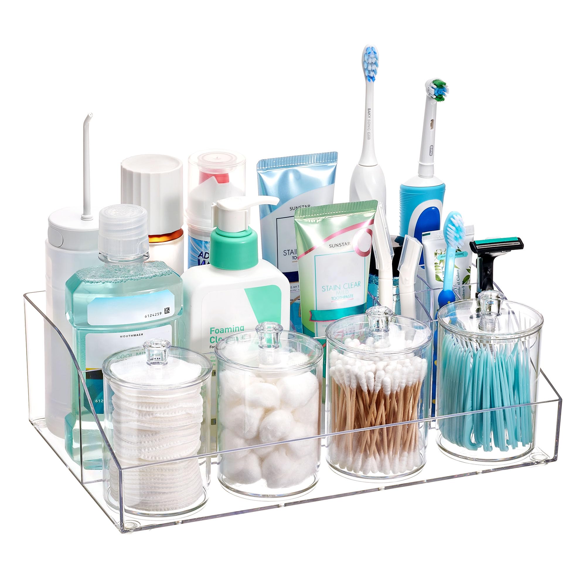 Vtopmart 5 PCS Bathroom Countertop Organizer 1 Divided Tray with 4 Qtip Holder Jars Restroom Clear Organizers for