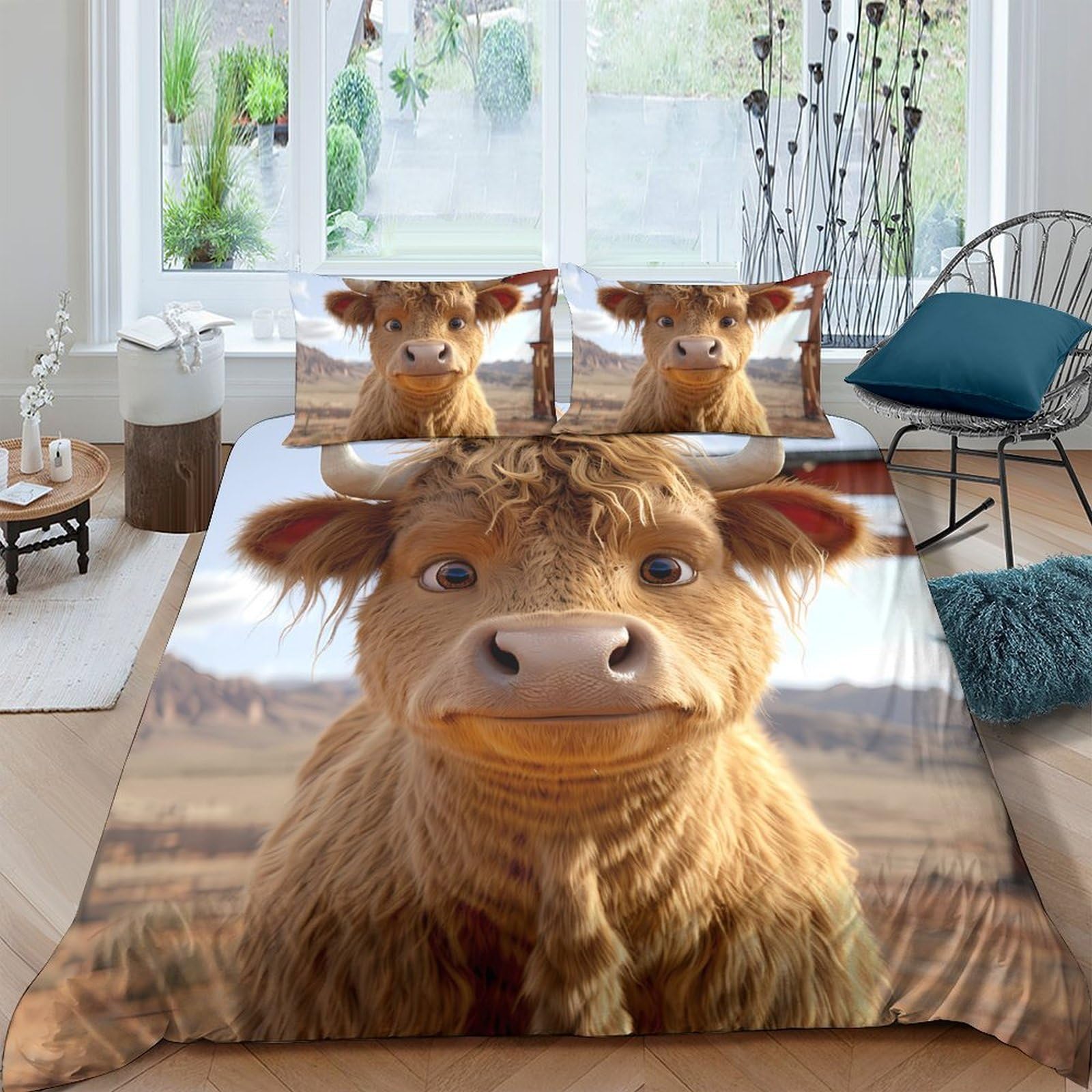 Ctjqhvkz Style-1 3D Printed Highland Cow Fitted Sheet Microfiber Soft Brown Cartoon Bed Cover For Bedroom Dorm Mattress Protection Decor Single（135X200cm）