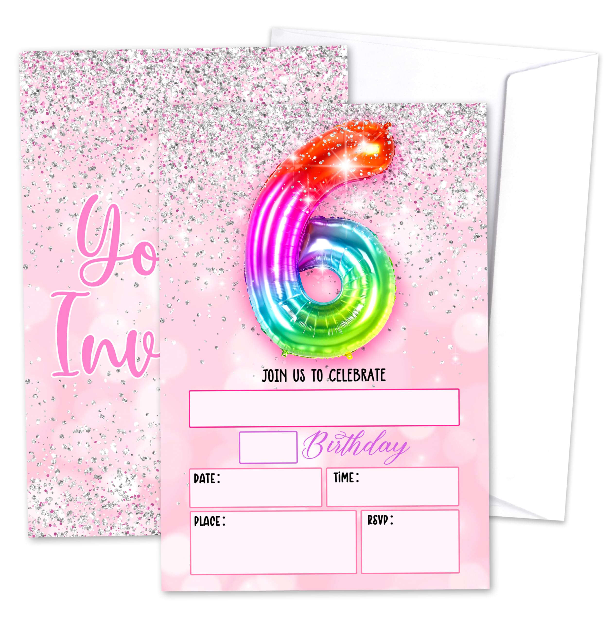 6th Pink Birthday Invitations For Girls, Silver Glitter Rainbow Fill-In Invites Card For Birthday Party, 6 Years Old Girl Birthday Card, 6th Birthday