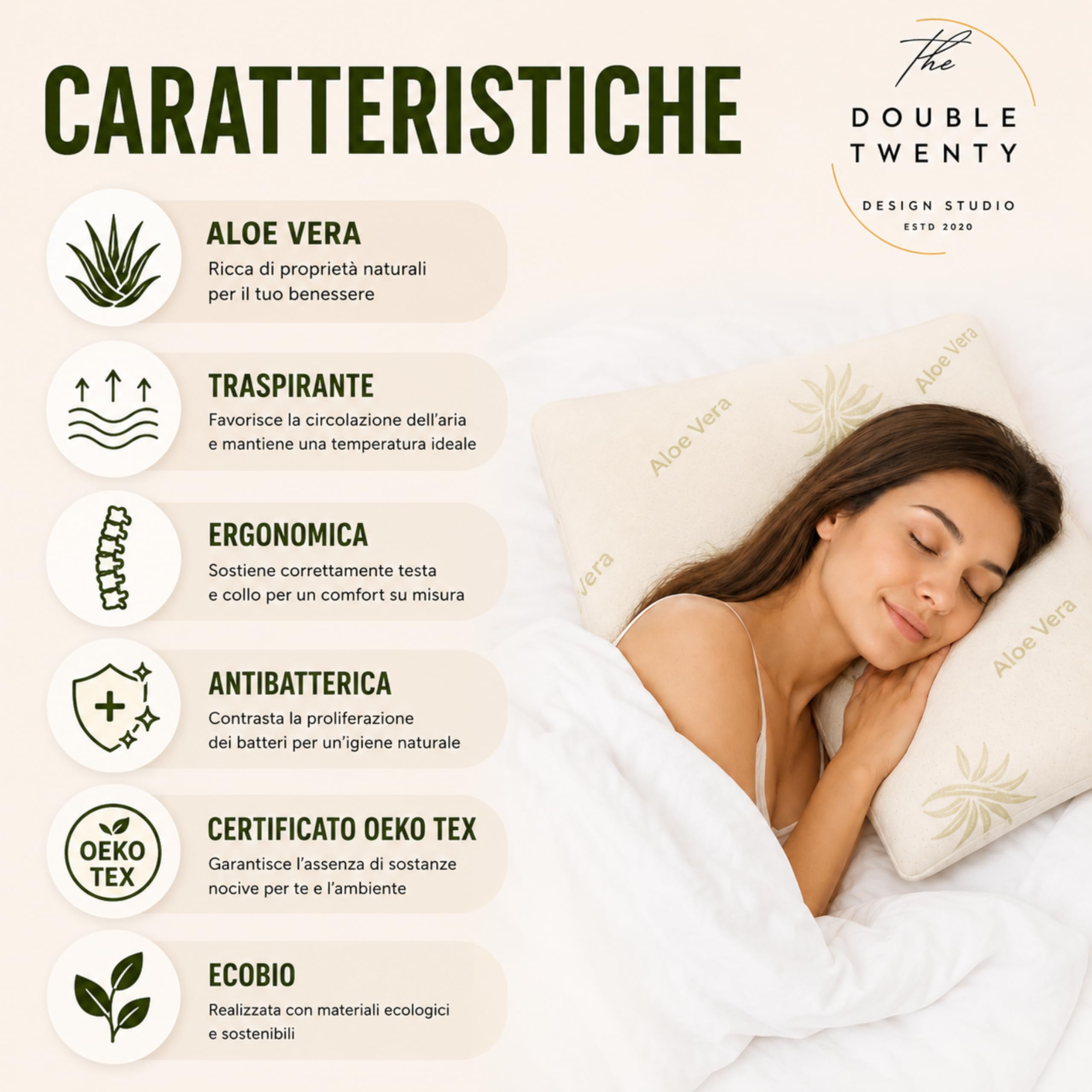 Double Twenty - Almohada cervical viscoelástica, altura 12 cm, 72 x 42 cm – Funda de Aloe Vera transpirable – Ergonómico Masajeador desenfundable antiácaros – Fabricado en Italia