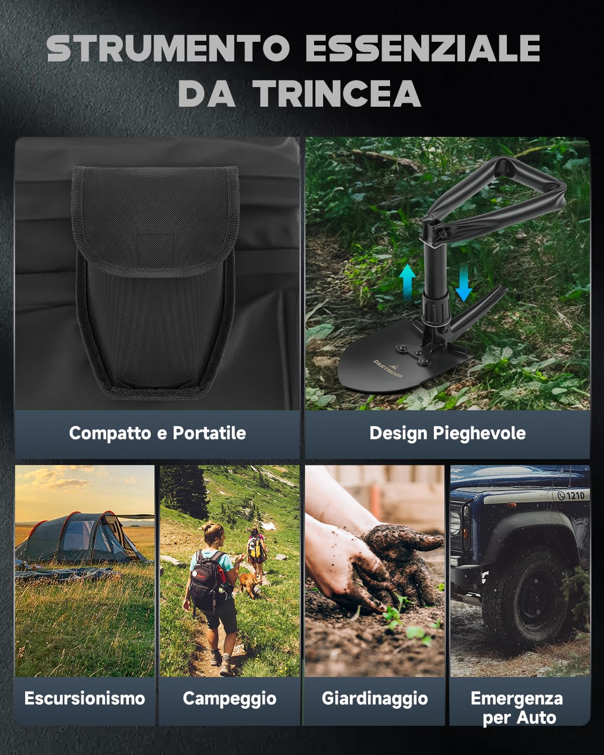 DARTMOOR Mini Pala Pieghevole Vanghe in Acciaio al Carbonio ad Alta Resistenza Leggera Multifunzionale con Borsa in Nylon Vanghe e pale per Giardinaggio Campeggio, Nero