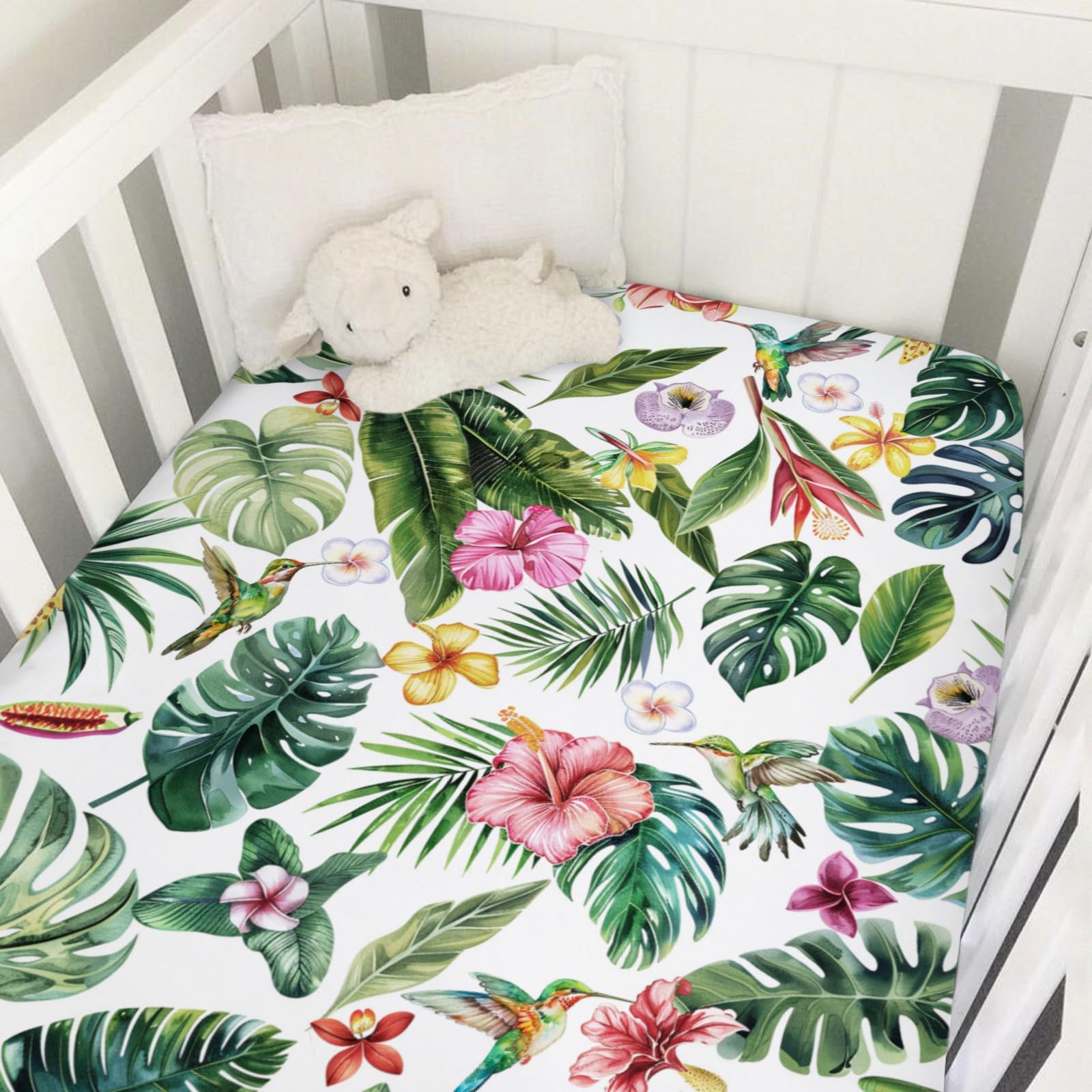 Green Tropical Leaves Floral Hummingbirds Baby Crib Sheets 52''x28'' Rainforest Monstera Leaves Snug Fitted Crib Mattress Covers for Boy Girl Soft Nursery Bed Sheet for Standard Crib Toddler Mattress