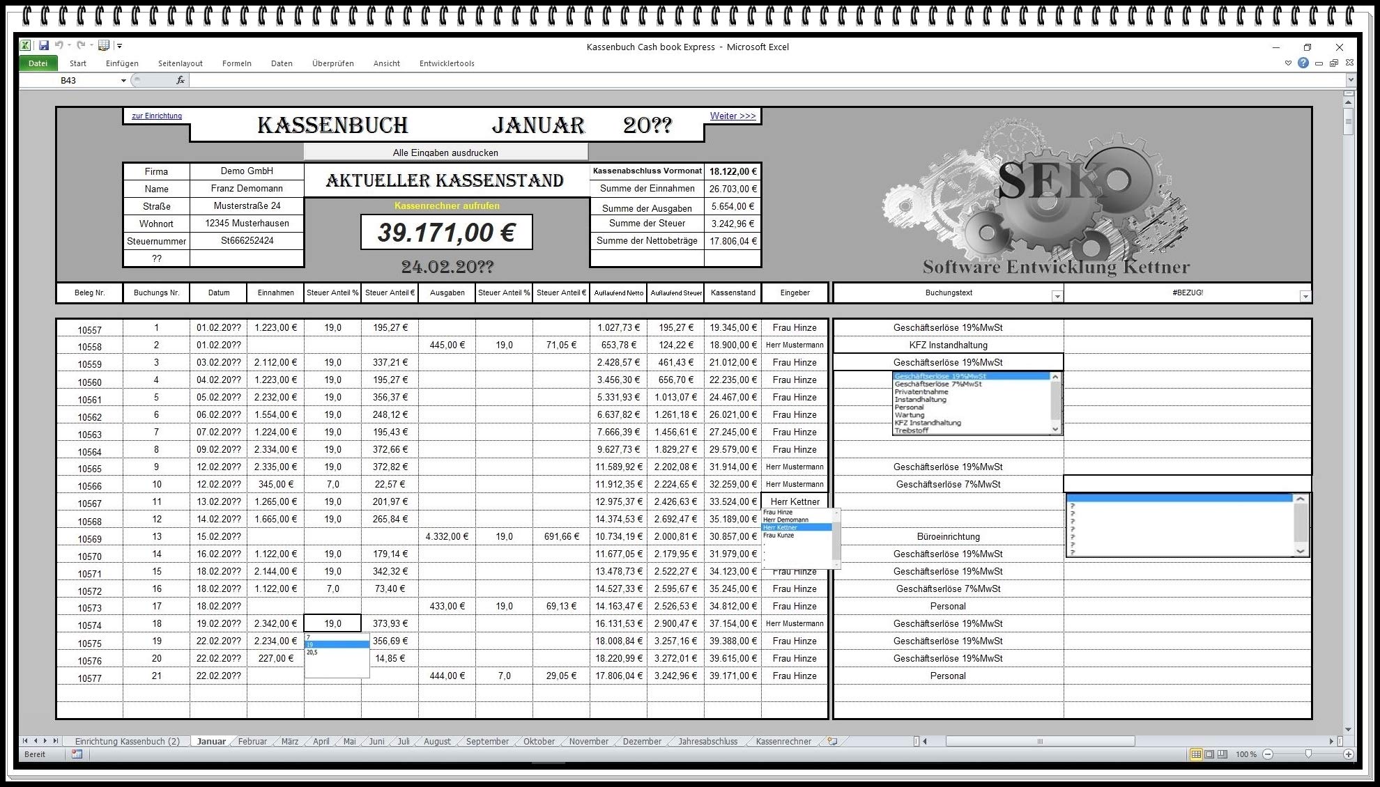 Elektronisches Kassenbuch-Software zur Berechnung von Einnahmen-Ausgaben-Überschuss Excel App auch 5% ud 16% MwSt