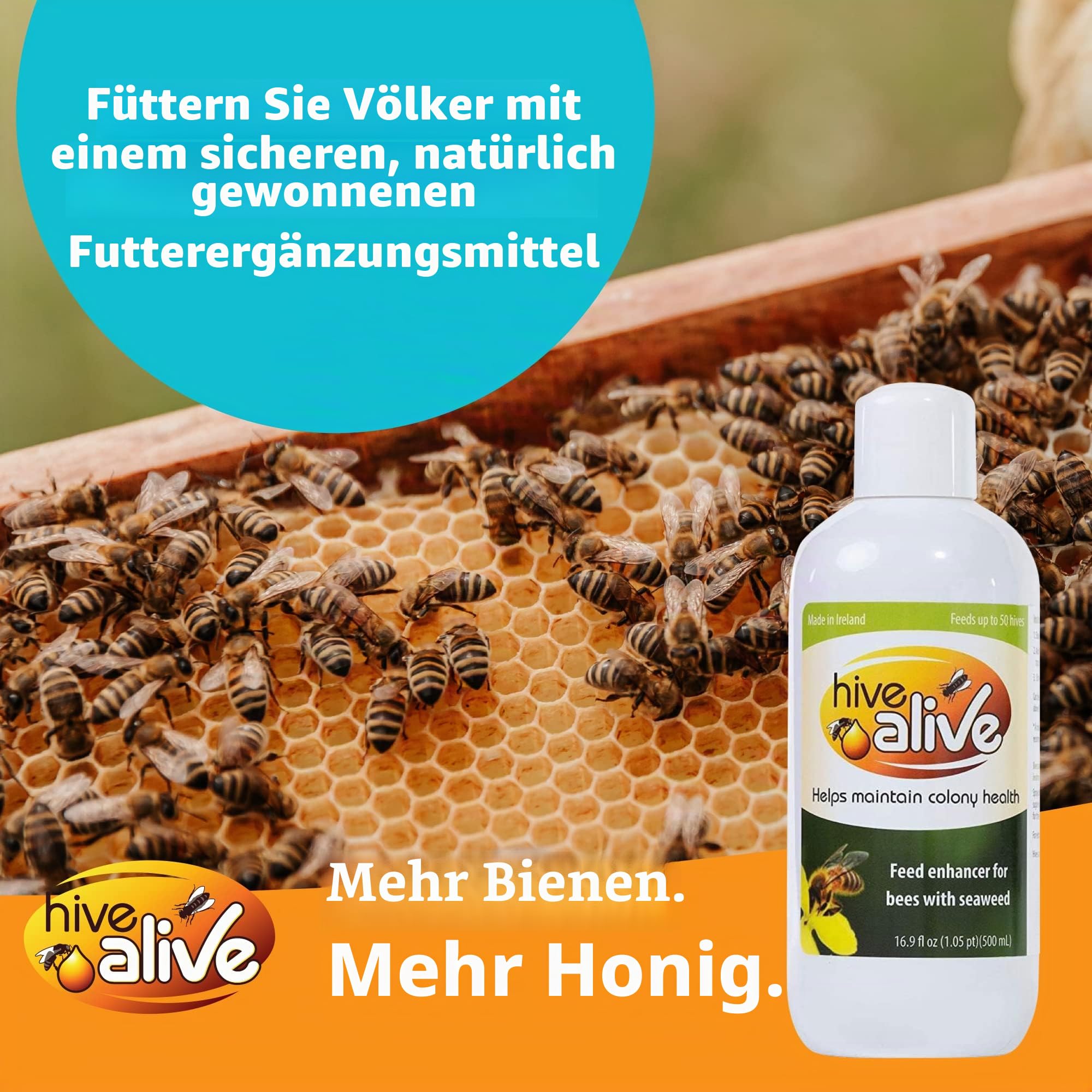 HIVE ALIVE Bienenfutter Zusatz - Bienenfutter Flüssig - Imker Zubehör - Herbst-Frühjahr - Senkt Wintersterblichkeit für Gesundheit Population & Honigproduktion - 500ml 50 Bienenstöcke