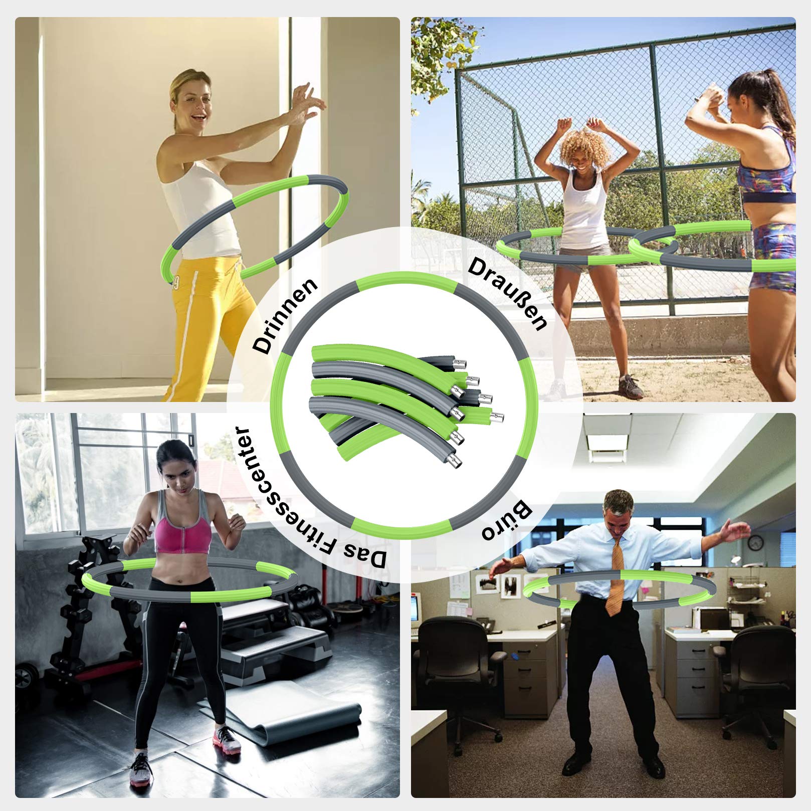 Hula Reifen Hoop Erwachsene, Fitness Hoola Easy Slim Hoop zur Gewichtsreduktion, 8 Abnehmbare Reifenprofile mit Edelstahl-Innenkernrohr,Gewichte einstellbar von 1,2 bis 3,5 kg(Grau+Grün)