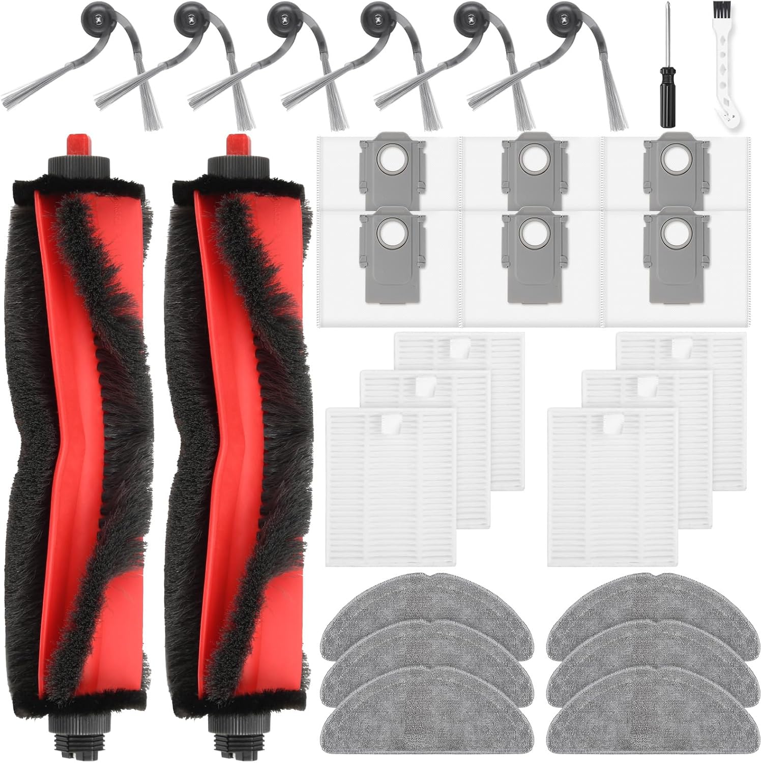 28 Pcs Replacement Parts for Roborock Q7 M5+ / Q7 L5+ Robot Vacuum Cleaner, Accessories Kit Include 2 Main Brushes, 6 Dust Bags, 6 Filters, 6 Mop Pads, 6 Side Brushes, 1 Cleaning Tool, 1 Screwdriver