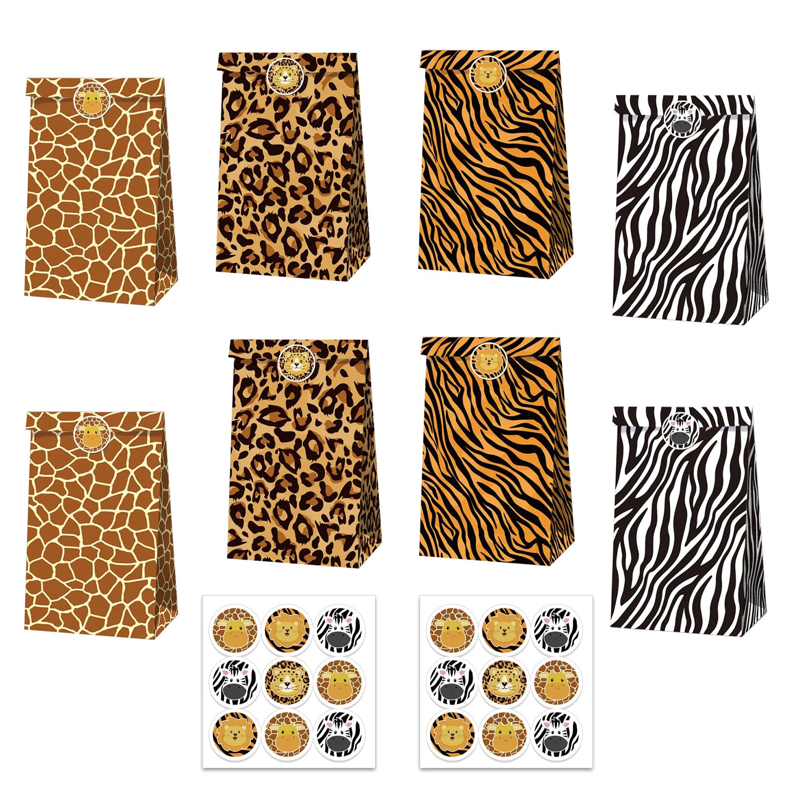 MORAINJAY 12 Pcs Anima Paper Goodie Bags, Leopard Tiger Giraffe Zebra Gift Treat Paper Bags, Safari Theme Party Favour, Boys and kids Birthday Party Supplies (18 Stickers) — image 1