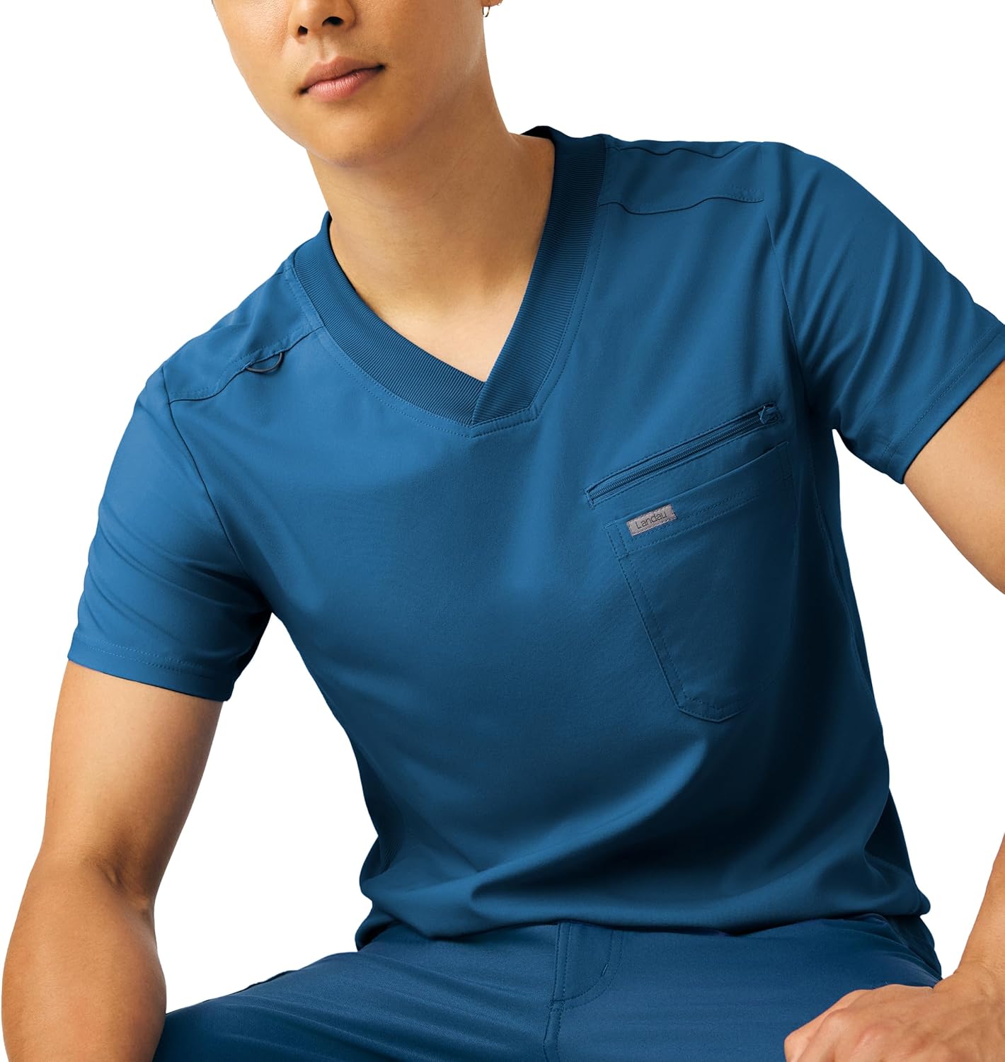 Landau Forward Men’s Tuckable Tailored Fit 2-Pocket Stretch V-Neck Scrub Top with Rib-Knit Panels LT111