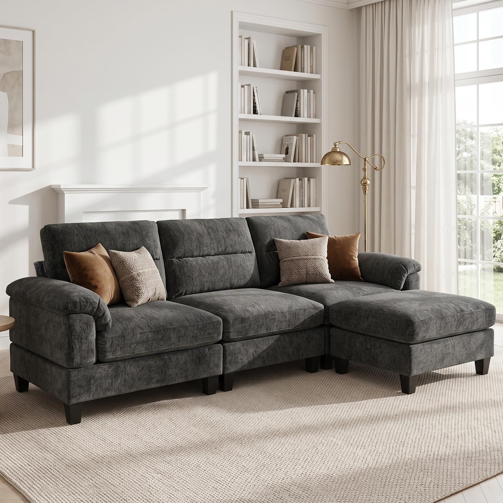100.4" L-Shaped Modular Cloud Couch, Sectional Couches for Living Room | Cloud Comfort, Cozy Armrest Pillows, Elegant Chenille, Freely Modular, Quick Assembly, Dark Gray