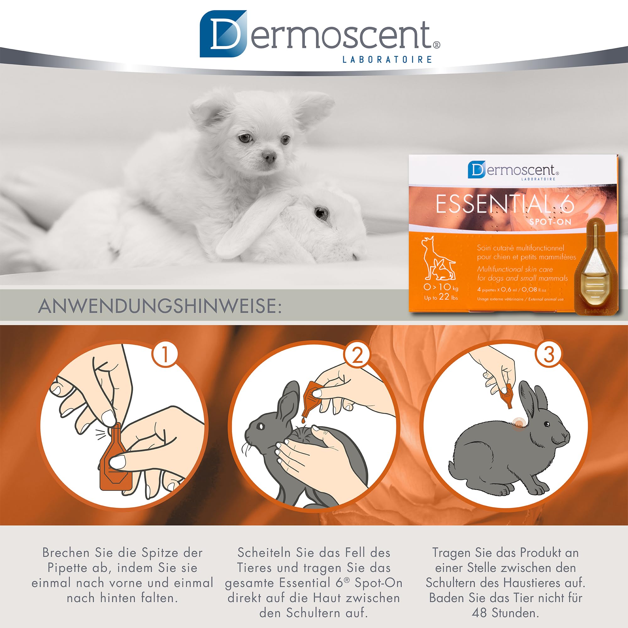 Dermoscent Essential 6 Spot-On | 4 x 0,6 ml | Für kleine Hunde, Katzen und Kleintiere | Kann zur Linderung von Juckreiz beitragen | Mit Vitamin E | Mühelose Anwendung