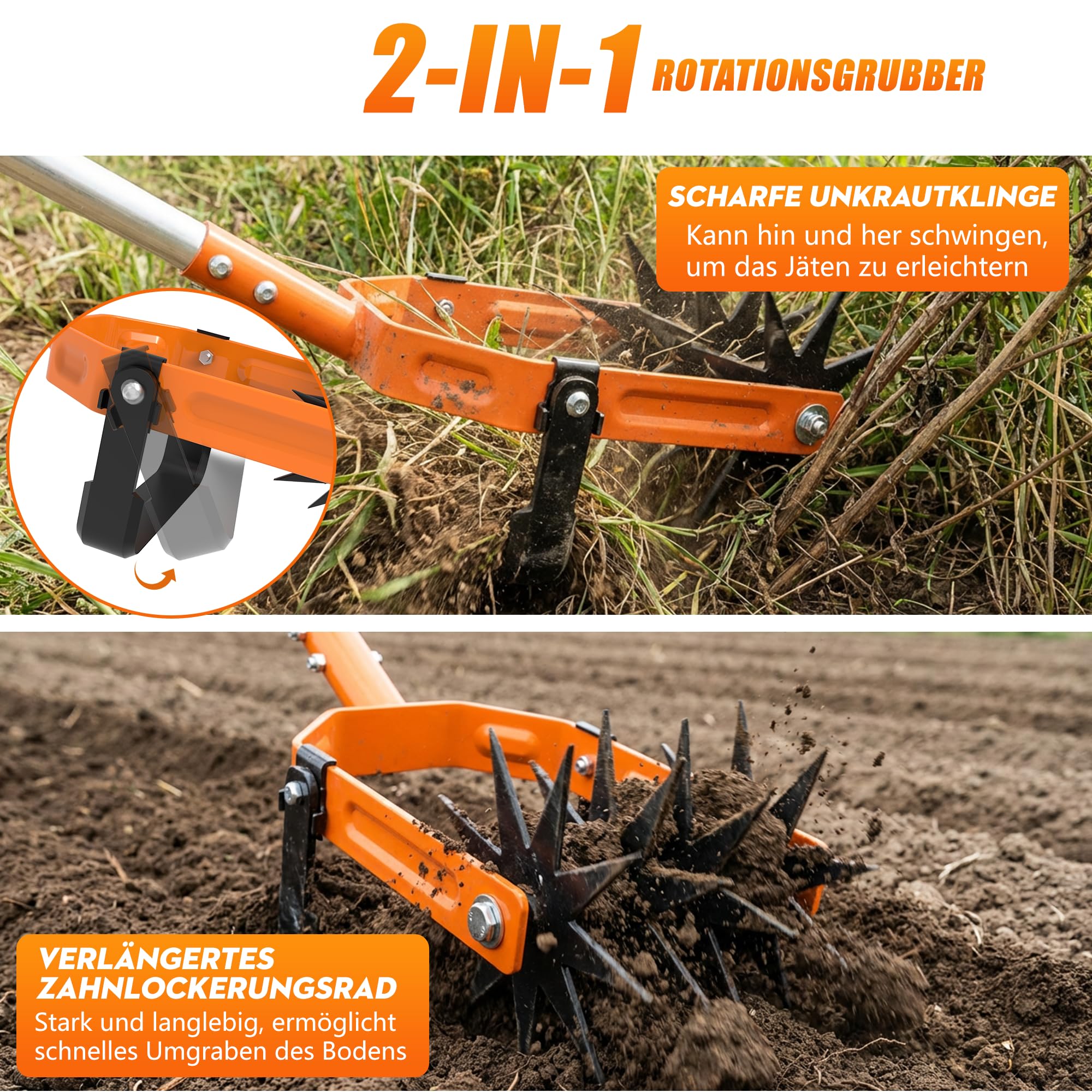 Coltivatore rotante 2 in 1, zappa manuale e allentatore del terreno, coltivatore da giardino regolabile, fresa manuale con manico in acciaio inox per diserbo, allentamento del terreno, cura del prato