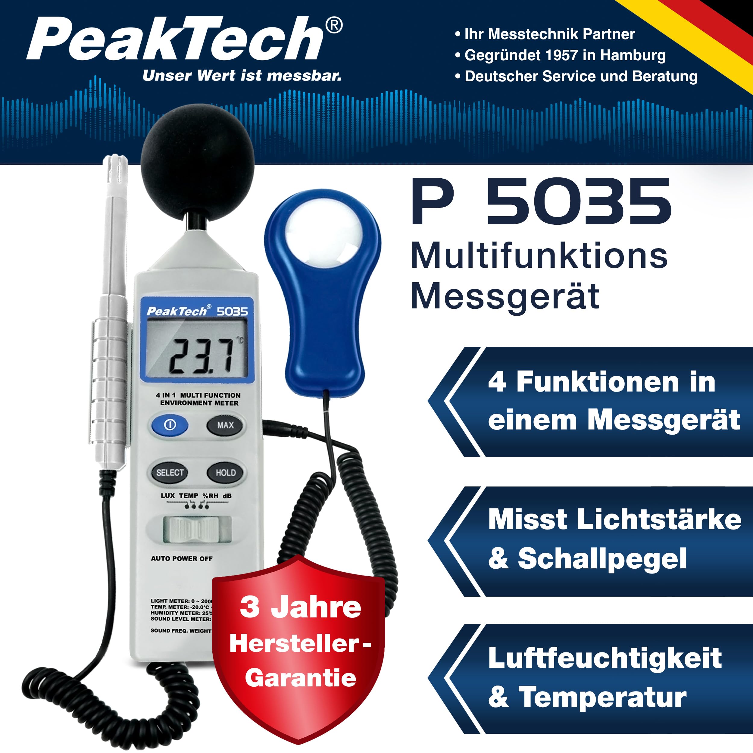 PeakTech 5035 – Appareil de Mesures Environnementales Multifonction 4 en 1, Son, Température, Humidité et Luminosité, Écran LCD, Capteur Type K, Fonctionnement sur Piles - 250g