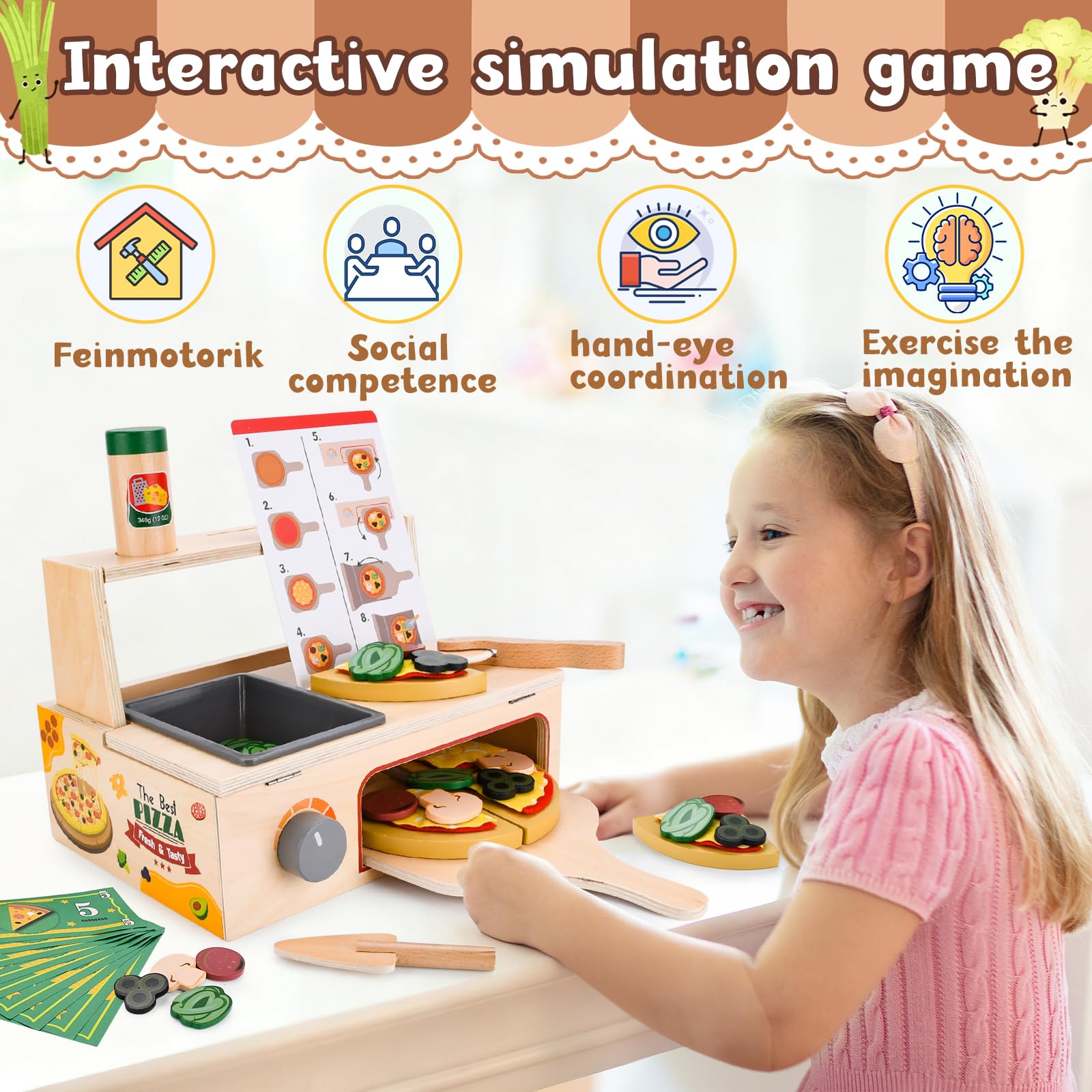 JOYBOY Pizza Giocattolo in Legno,Set Pizza in Legno,Set da Gioco per Pizza,Giocattolo Educativo per L'apprendimento Playset in Legno con Forno,Regalo di Compleanno di Natale per 3 4 5 6 Anni