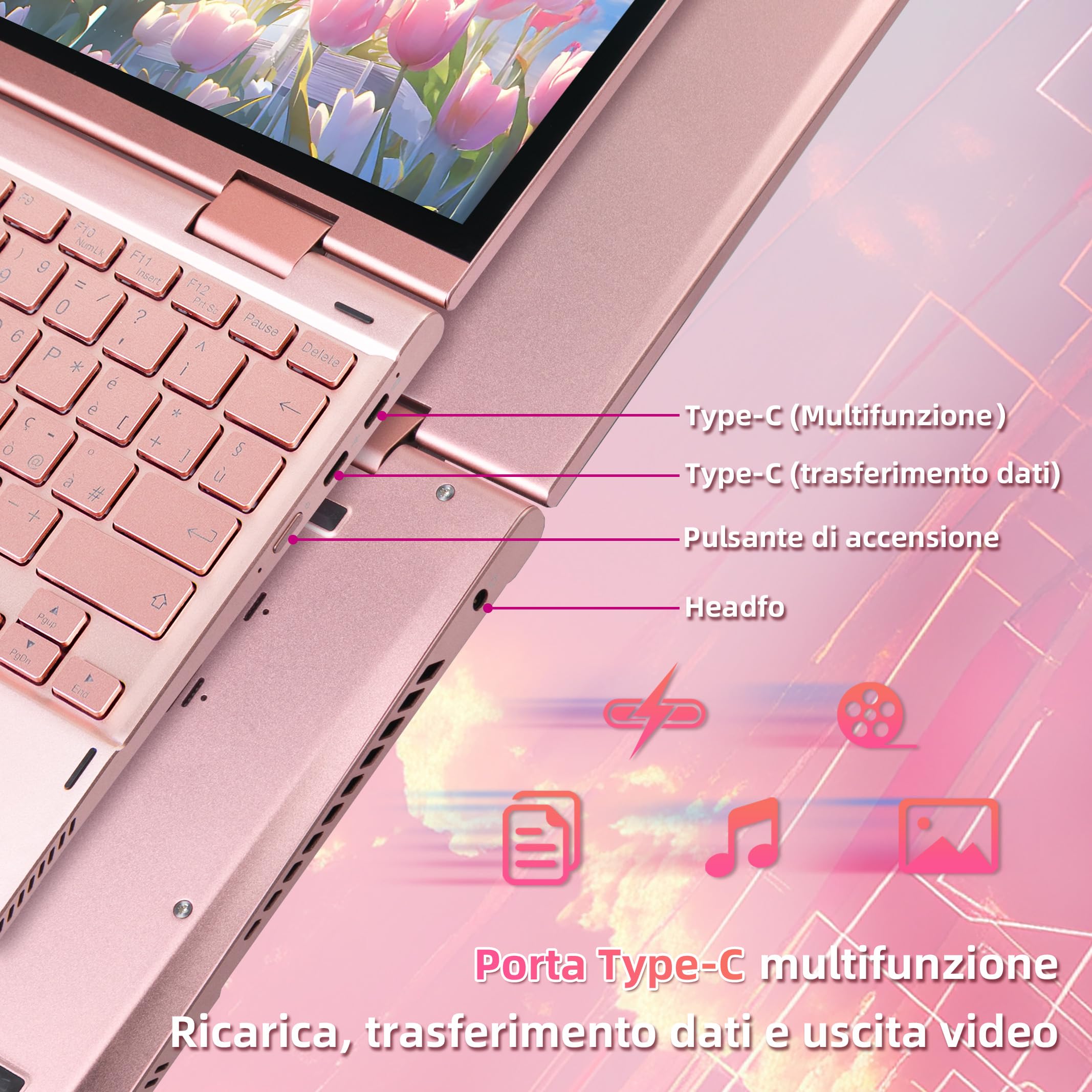 Mini Laptop 2 in 1 10.95" Touch Screen Notebook Convertibile 360° Win 11 Pro Celeron N95 16GB DDR5 256GB SSD 2000x1200 Tastiera Italiana Retroilluminata Stilo Oro Rosa