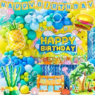 Sponge Birthday Decorations 153pcs Party Decor Kits - Latex Balloons & Arch Kits, Large Foil Balloons, Backdrop, Fringe Curtain, Happy Birthday Banner, Sponge Esponja Decoracion Fiesta