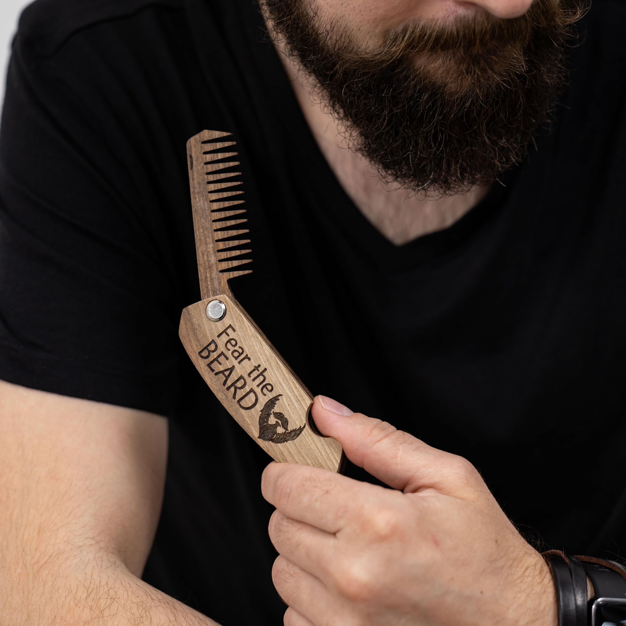 Beard Comb Gifts for Him Wooden Comb for Men Folding Pocket for Moustache Hair Walnut Combs Husband with the Engraving (Fear The Beard)