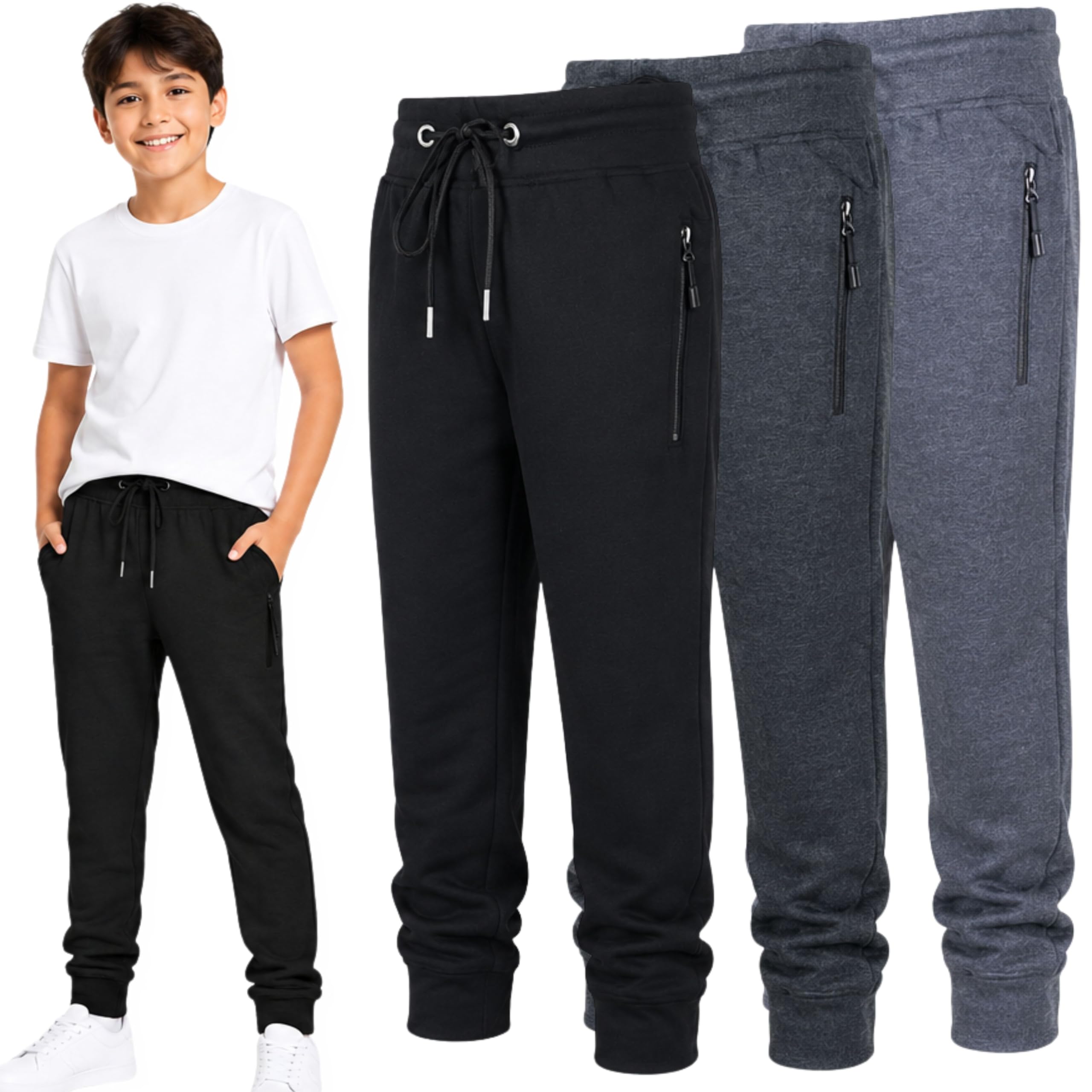 Photo 1 of BROOKLYN VERTICAL 3-Pack Boys Fleece Cotton Joggers Sweatpants with Reflective Zipper Pocket and Drawstring | Small-XL (as1, Numeric, numeric14, numeric16, Regular, Combo A)