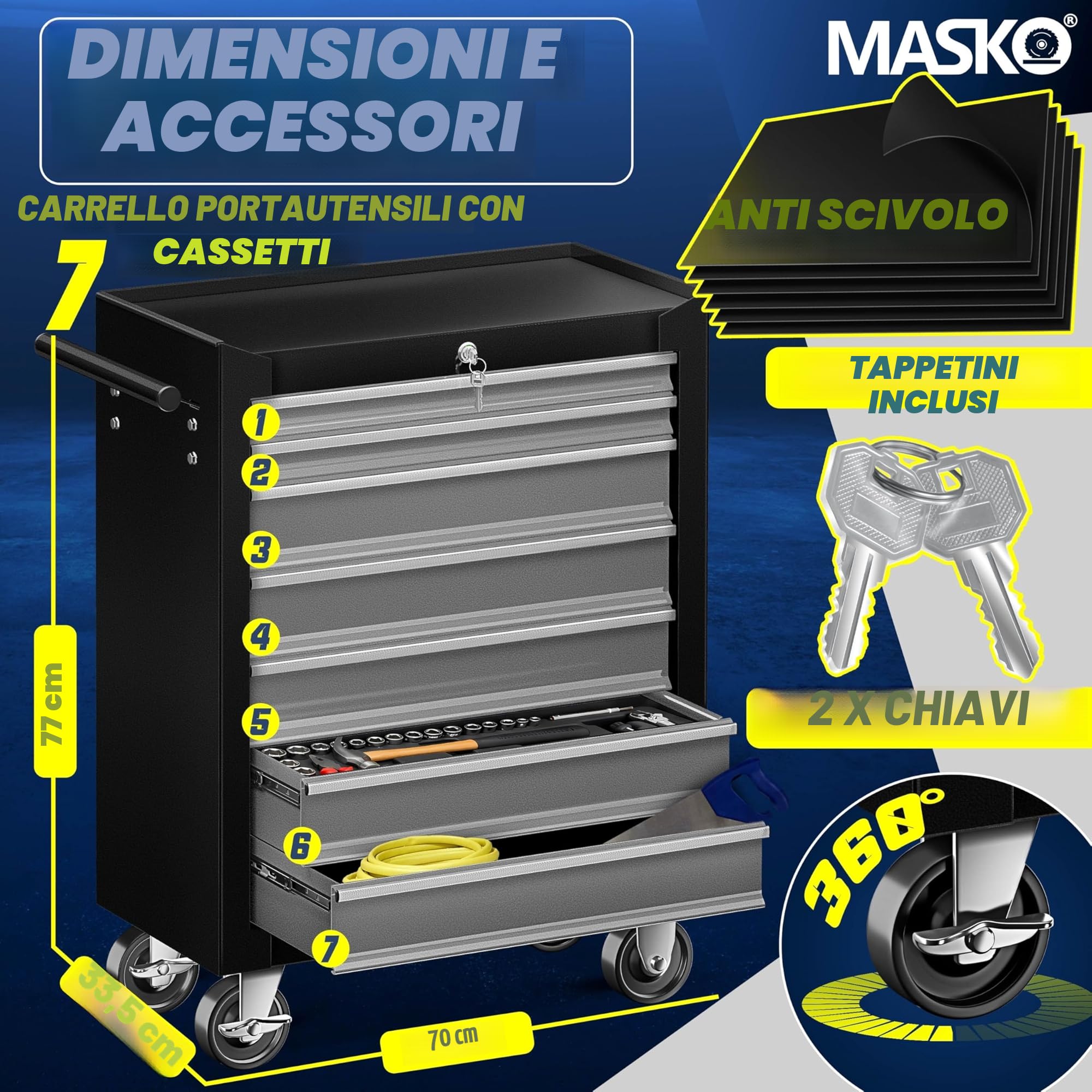MASKO Carrello da officina – 7 cassetti, grigio | chiudibile | metallo massiccio | Carrello portautensili portatile senza attrezzi | Carrello professionale da officina vuoto | Carrello per attrezzi