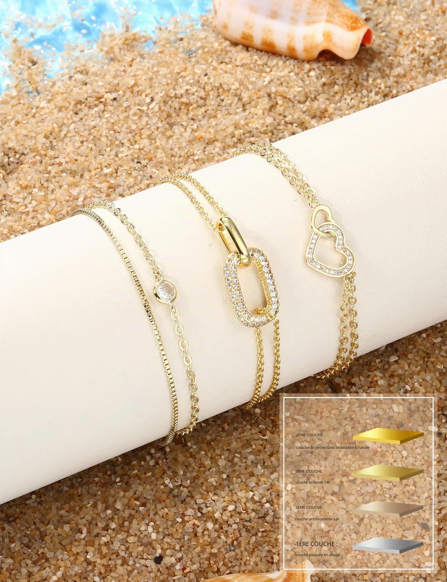 MILACOLATO Bracelets Cheville Femme Argent 925 Délicat CZ Trombone Coeur Superposé Imperméable Bracelets de Cheville Or/Argent Réglable Extra Large Chaine de Chevillere De Plage Pied Bijoux