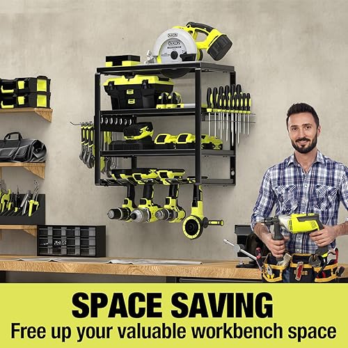 Vista 19 de Organizador de herramientas eléctricas de 4 capas para montaje en pared, soporte para herramientas de batería con estante de estación de carga