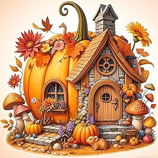 Fall Pumpkin House Flower Diamond Painting Kits for Adults, 5D Diamond Art Kits for Adults Beginners, DIY Full Round Drill Diamond Dot Painting Gem Art Kits for Adult, Home Wall Decor 13.8x13.8 Inch