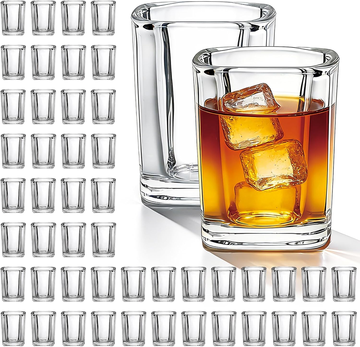 Flrolove 48 Pack Shot Glasses Bulk, 2.2 oz Clear Heavy Base Shot Glass, Whiskey Shot Glasses for Christmas Gift, Mini Square Shot Glass Set for Tequila, Vodka, Spirits & Liquors, Cocktail, Whiskey