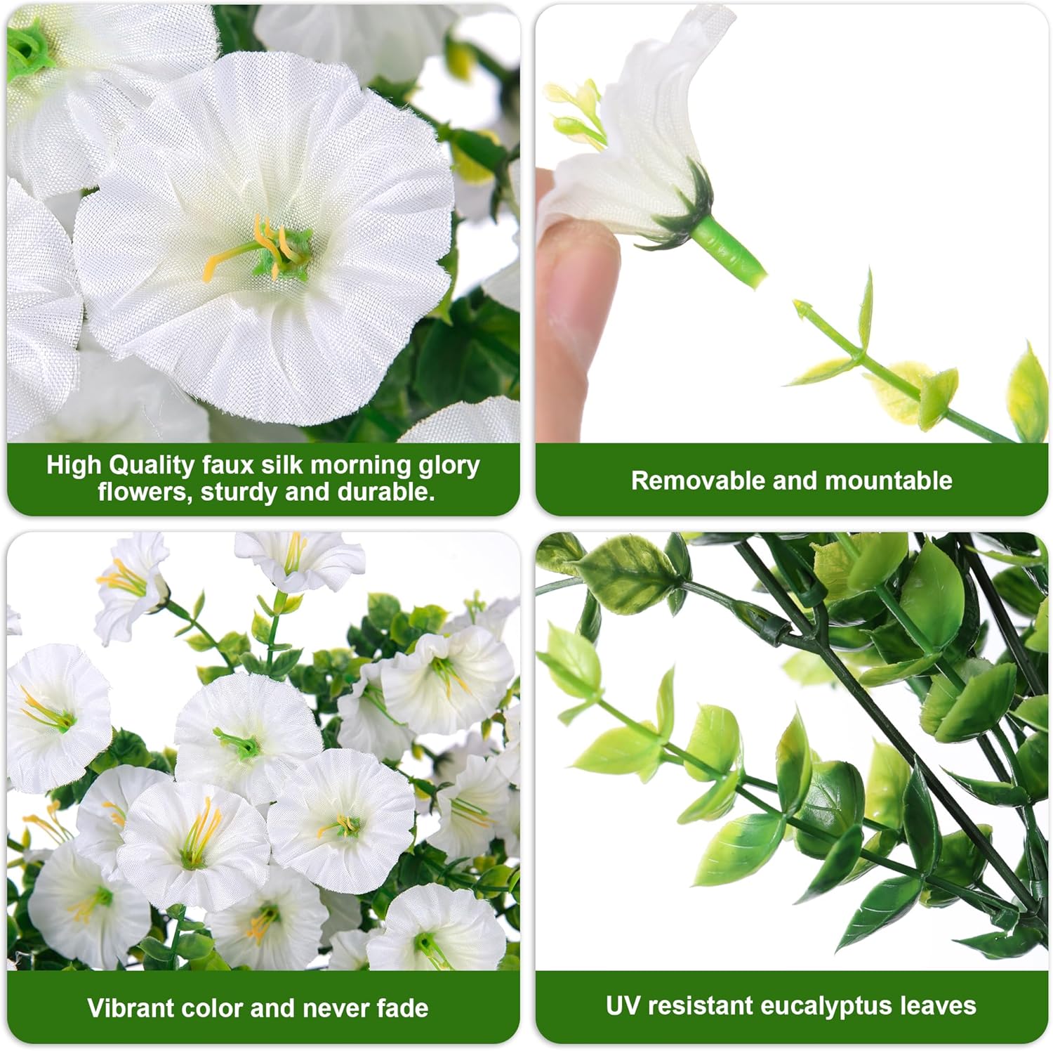 Artificial Faux Hanging Flowers Plants for Outdoor Decor,2 PCS Fake Silk Morning Glory with Eucalyptus UV Resistant Realistic Trailing Vines for Wall Home Porch Patio Balcony Yard Indoor Decor,White - Image 2