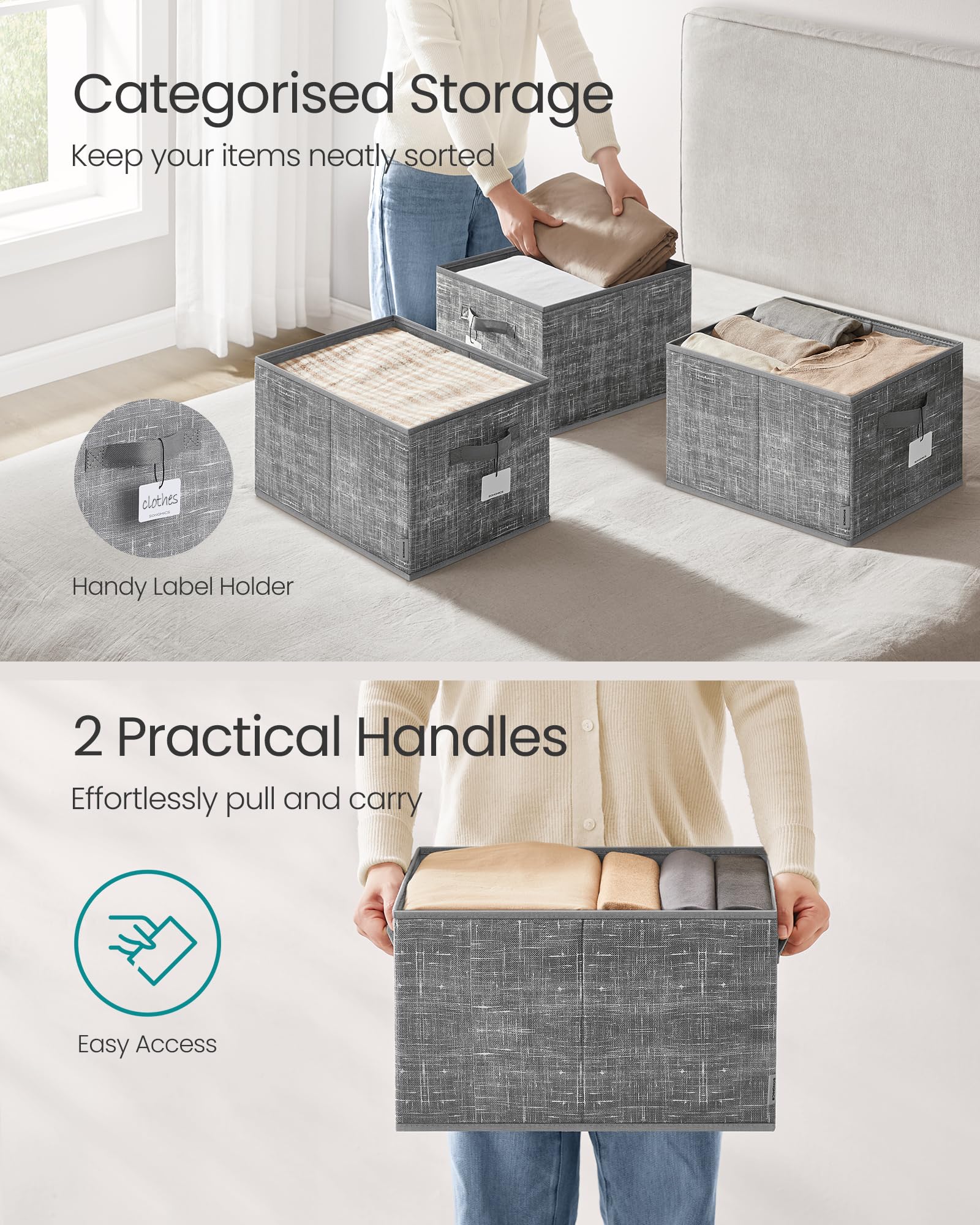 SONGMICS Collapsible Storage Boxes, Set of 3 Fabric Storage Baskets, 40 x 30 x 24 cm, Wardrobe Storage Organisers, 2 Handles - Image 4