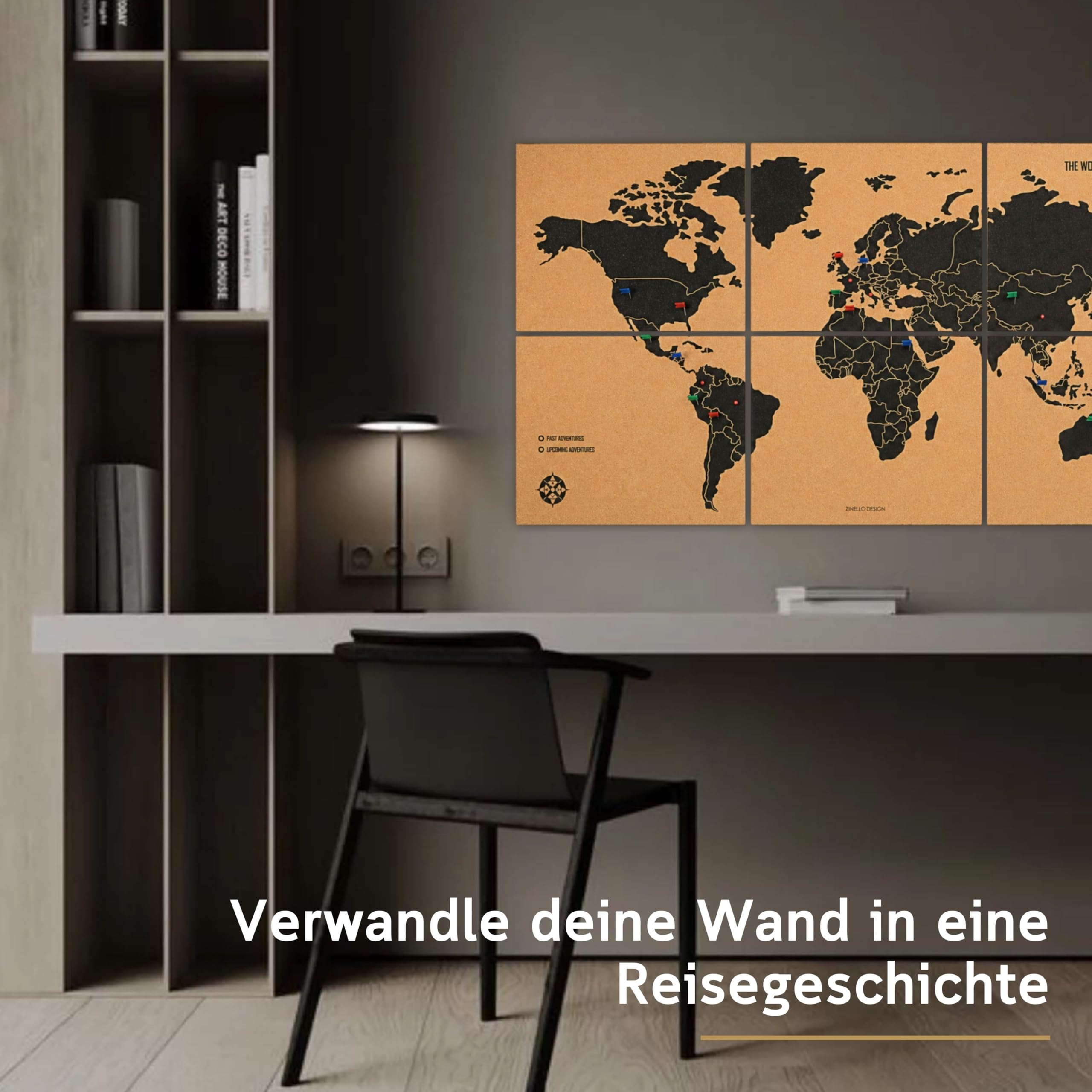 Weltkarte Pinnwand Kork XXL 120x60 cm – 6 Selbstklebende Paneele – Weltkarte zum Pinnen mit Pins – Korkplatte Wanddeko – 60 Pinnadeln Inklusive