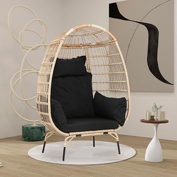 Outdoor Egg Chair,PE Rattan Chair with Weatherproof Pads,Oversized Patio Lounge Chair for Outdoor,352 Pound Capacity Steel Frame Egg-Shaped Chair,Stand Comfy Cozy Lounge Seat for Indoor Balcony,BLACK