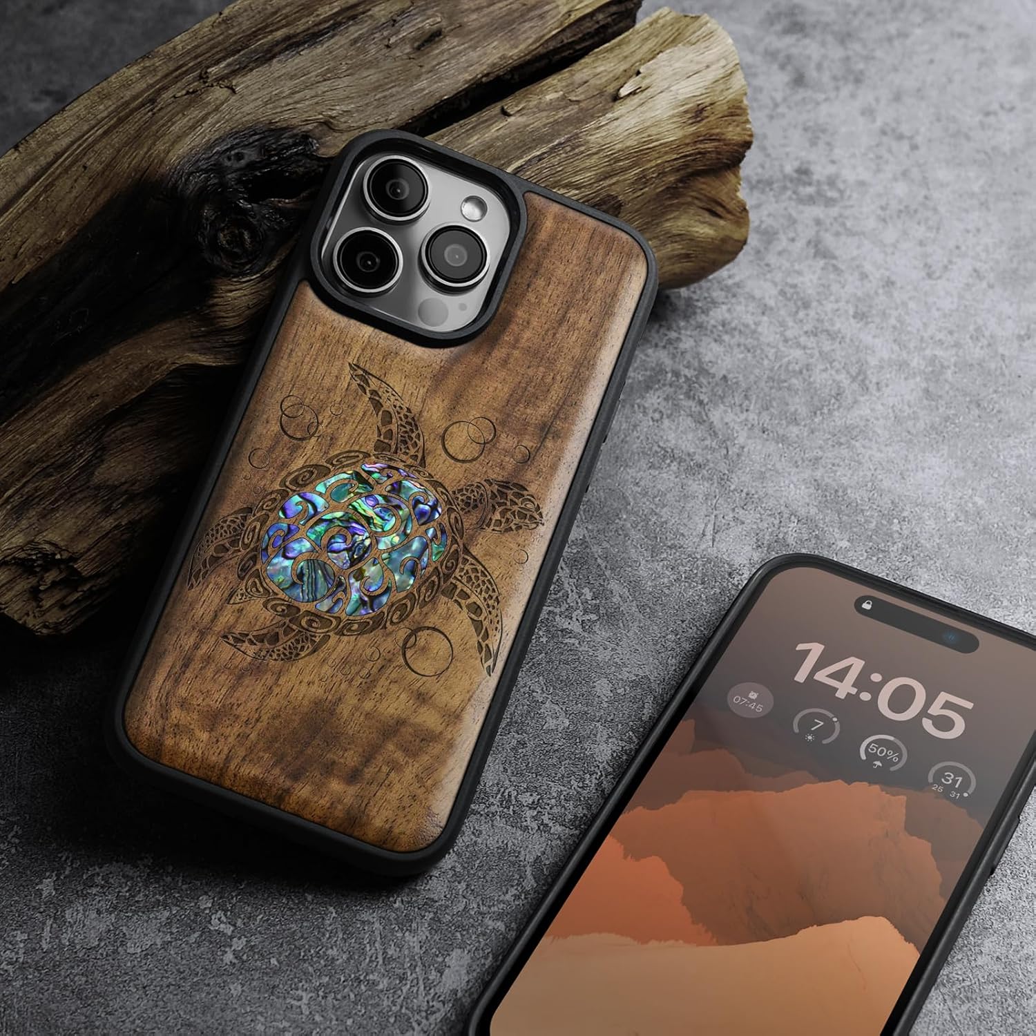 Carveit Magnetic Case for iPhone 16 Pro Max Case, Wood Artisan Engraved & Handmade Shell Inlaid, TPU Shockproof Cover, Compatible with MagSafe Wireless Chargers (Sea Turtle) Walnut