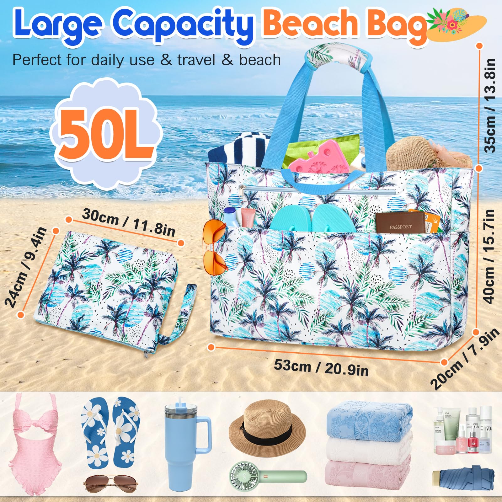 Grande Sac de Plage XXL Famille 50L Imperméable Sac de Voyage Femme avec Fermeture Éclair Pliable Sacs Cabas de Plage avec 14 Poches Beach Tote Bag Sacs a Main pour Gym Shopping