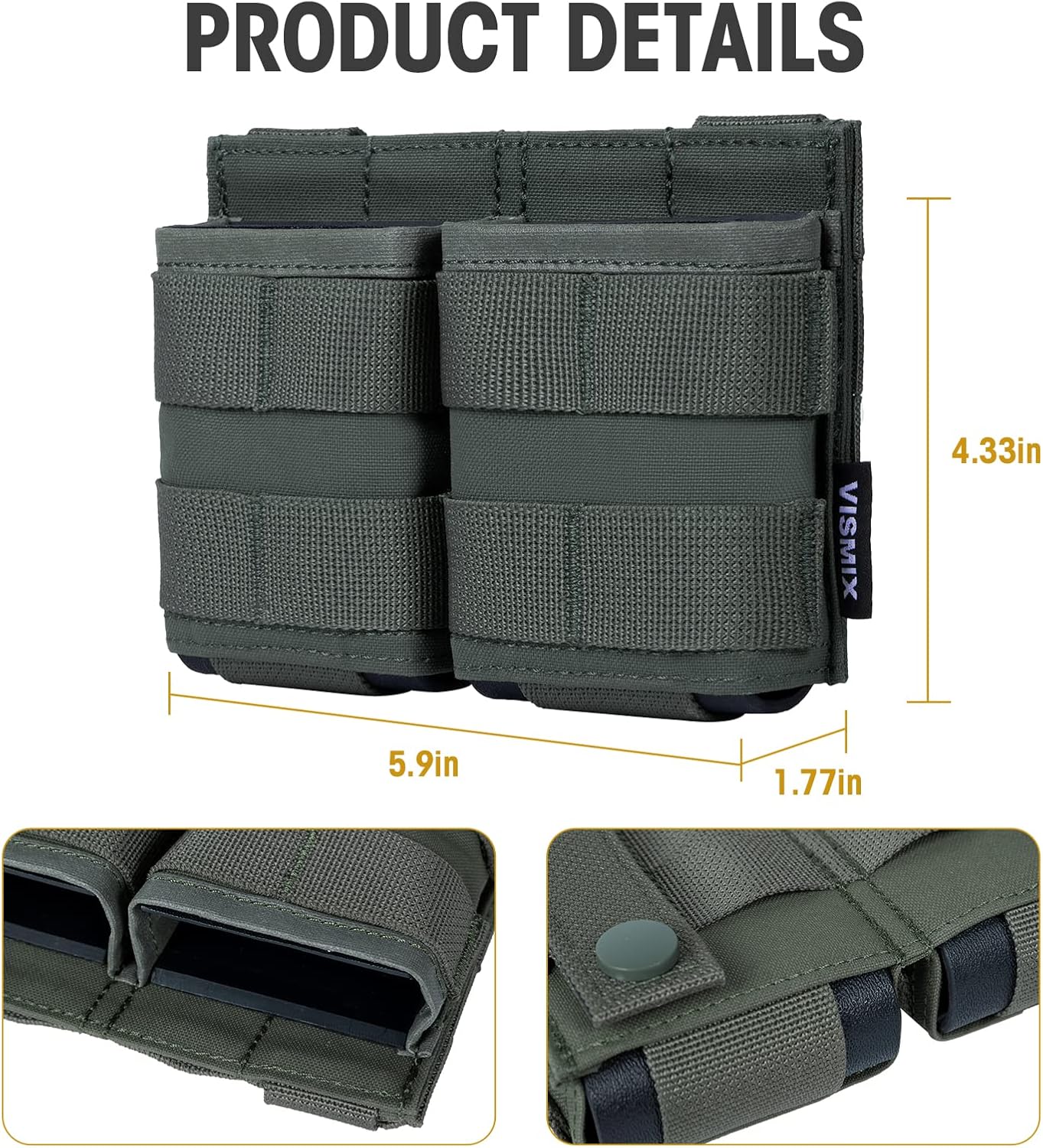 VISMIX Rifle Mag Pouch, Double 5.56mm AR MOLLE Magazine Pouch with Quick Release Kydex Insert and MOLLE Compatible