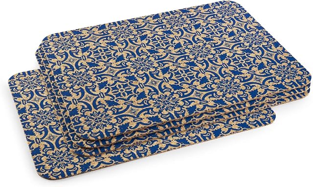 BrasCoreta Blue Tile Pattern Design 100% Natural Cork 40x30x0.3cm Table Mats, Set of 4. Slim, Flexible, Heat Resistant and Surface Protector.