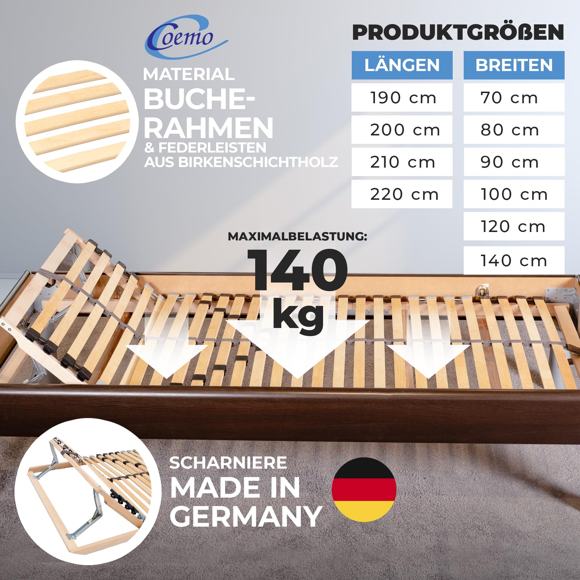 Coemo 7-Zonen Lattenrost Ergo K 90x200 Lattenrahmen mit verstellbarem Kopfteil Buche Rahmen - 28 stabile Federleisten - Bettrahmen passend für Kinderbett Ehebetten 180x200cm - für alle Matratzen