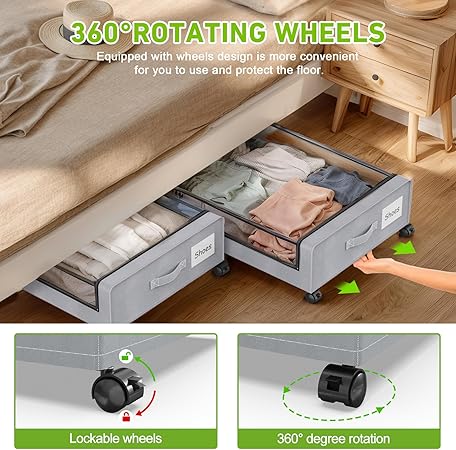 Under Bed Storage with Wheels, 2-Pack Underbed Storage Containers with Clear Lids, Under Bed Shoe Storage Organizer, Rolling Under Bed Storage for Clothes Shoes Blankets (Beige)