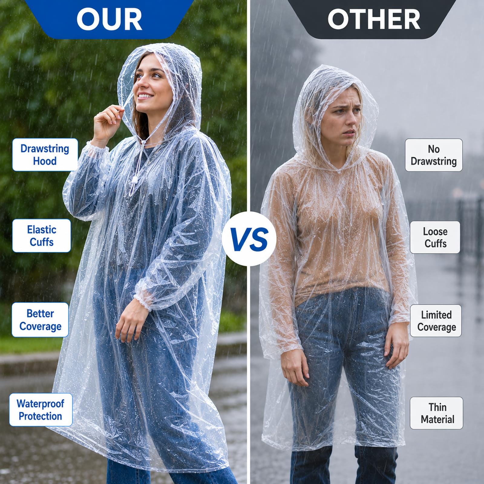 Lote de 4 Ponchos de Lluvia Desechables para Adultos, Capa Transparente Impermeable con Capucha y Mangas Sueltas, Protección Ligera para Senderismo Camping Parque de Atracciones