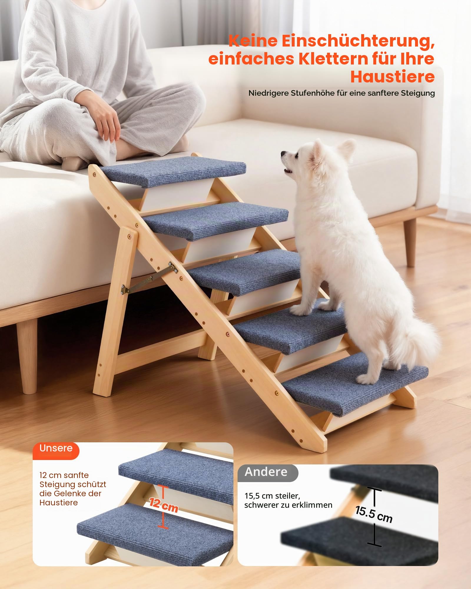 VEVOR Hundetreppe 780x470x660 mm, 5-stufige Hautiertreppe, klappbare Holztreppe geeignet für kleine, mittlere, große, ältere Haustiere sowie Welpen bis 68 kg, Hundeleiter für Betten, Sofas & Autos