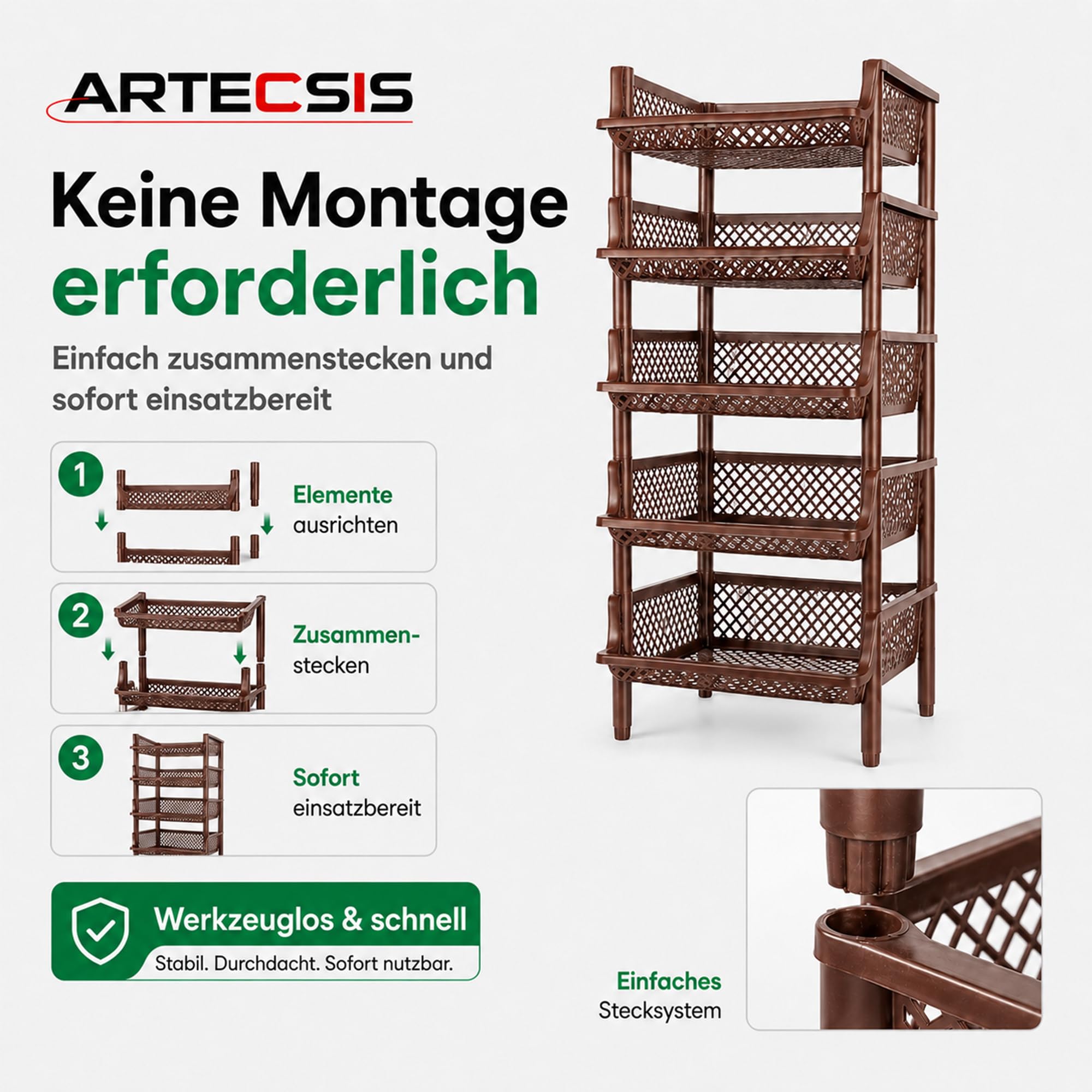 ARTECSIS Korbregal aus Kunststoff stapel-/erweiterbares Stecksystem als Stapelregal, 6 Regalelemente in Braun