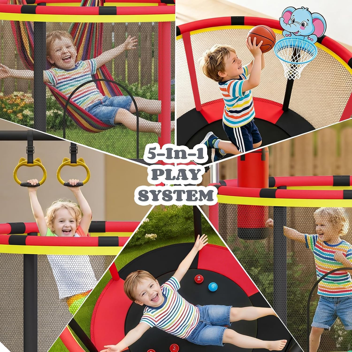 55 Zoll Trampolin für Kinder, 5-in-1 Kleinkind Trampolin Innen & Außen mit Verstellbarer Gymnastikstange und Spielzeug, Geschenk für Jungen und Mädchen 3–8 Jahre