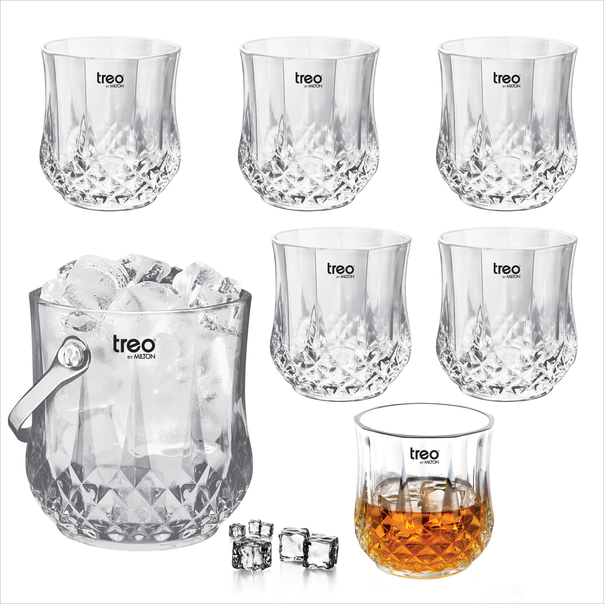 Treo by Milton Crystal On The Rocks 7 Piece Set (1 - Ice Pail 1 LTR/ 1000 ml; 6 pc Tumbler 295 ml Each) Ice Bucket and Whiskey Glasses, Crystal Clear Portable Bar Accessories