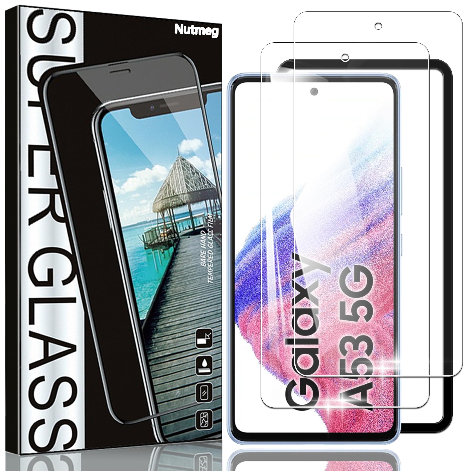 Nutmeg【ガイド枠付き 2枚セット】Galaxy A53 5G 用の ガラスフィルム【日本旭硝子素材製】SC-53C フィルム SCG15 保護フィルム 強化ガラス 硬度9H 高透過率 高光沢 気泡なし 貼り付け簡単 撥油性 耐衝撃 高感度タッチ 飛散防止 指紋防止