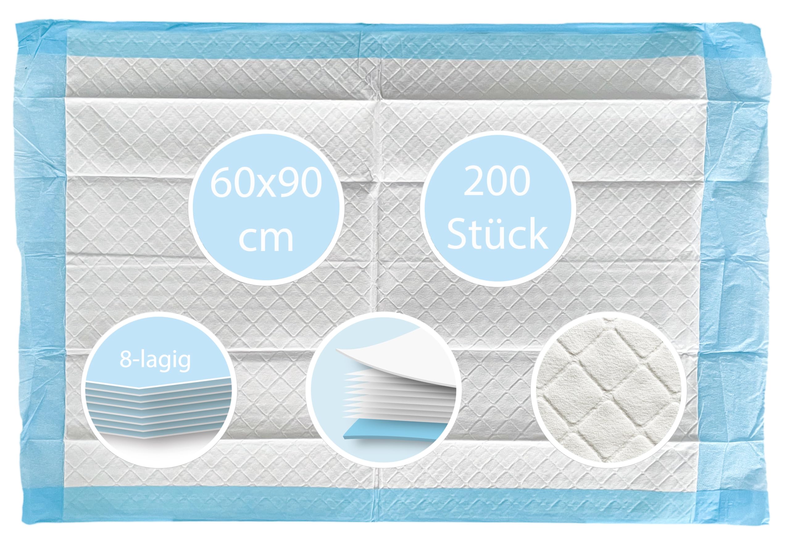 TIGA-MED Krankenunterlagen 60x90cm | 8-lagig | 200 Stück | Trainingspads | Wickelunterlagen für Babys | Einmal Patientenunterlagen | Inkontinenzunterlagen | Welpenunterlagen