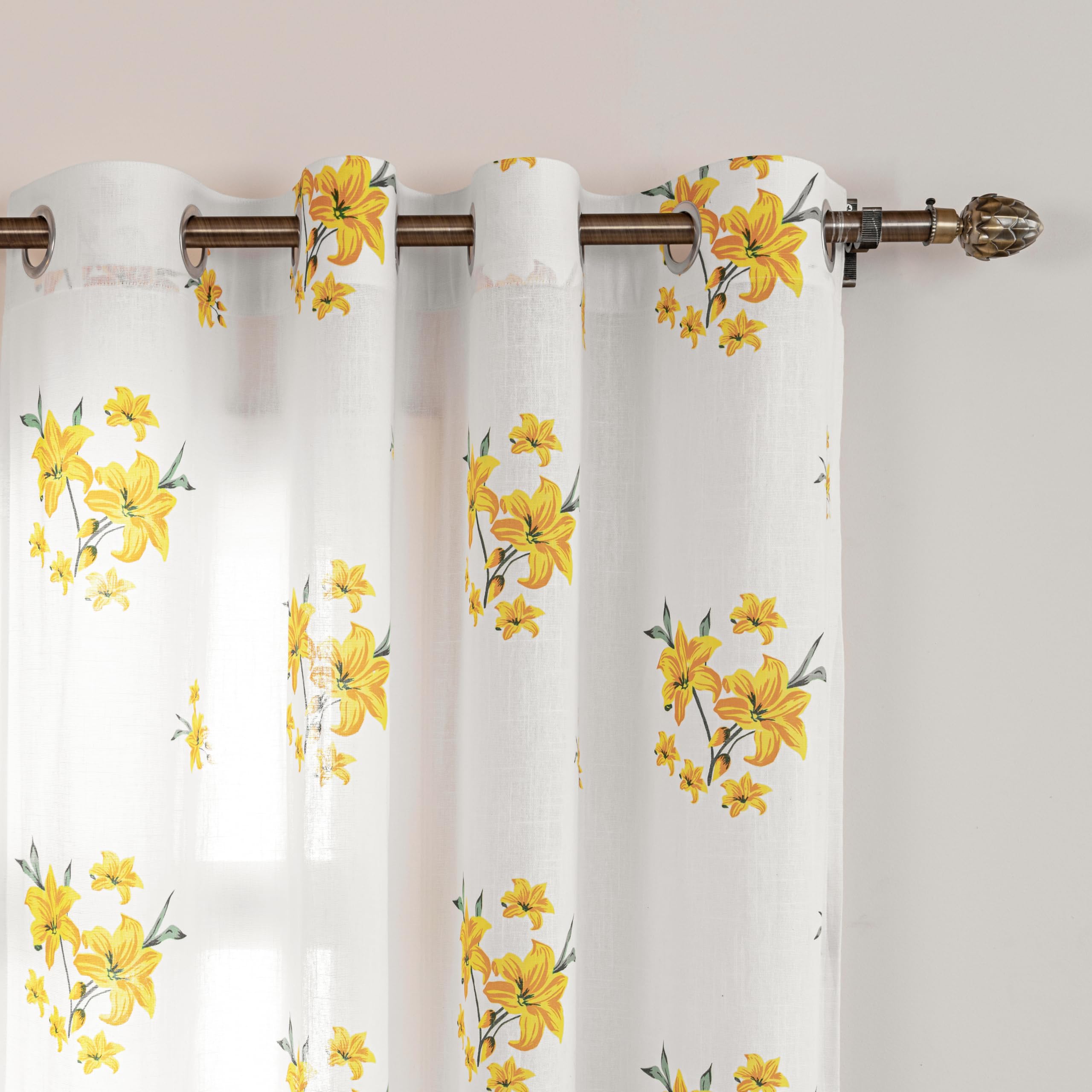 HOMEMONDE Customize Curtains Set of 2 - Cotton Sheer Linen Printed Curtain for Living Room Decoration, Yellow Flower Printed Light Filtering Drapes