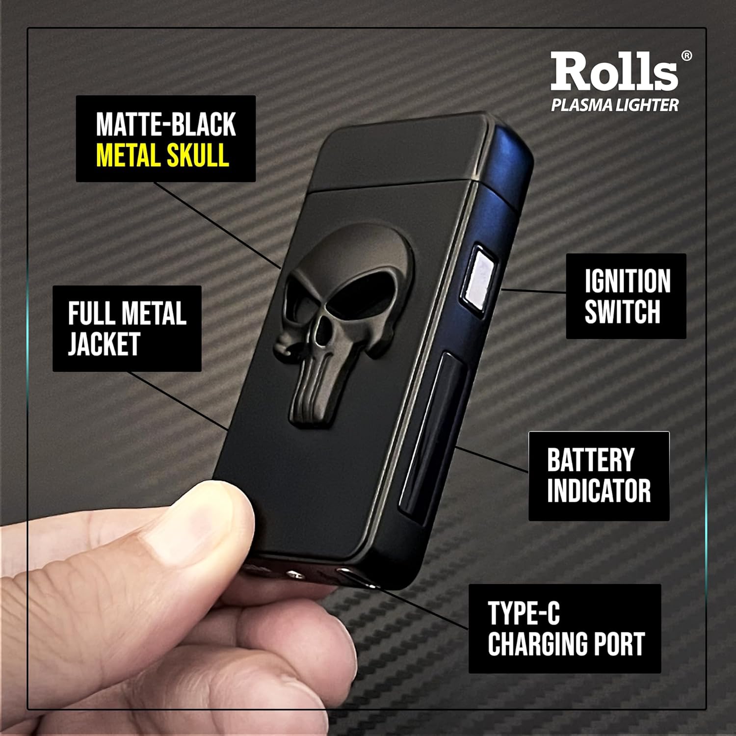 Rolls Electric Lighter - Stocking Stuffers - Gifts for Men - Cool Lighters - Electric Lighters Rechargeable - Mens Gifts - Skull Lighter - Birthday Gifts for Men - (Black Skull)