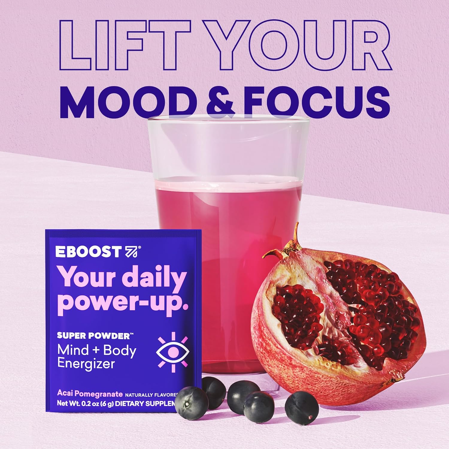 EBOOST SUPER POWDER Drink Mix - Acai Pomegranate 0.2 oz 20 Pack Hydration Energizer Electrolytes Powder - 13 Vitamins & Minerals - 110 mg Caffeine - 0 Added Sugar - No Artificial Flavors or Sweeteners